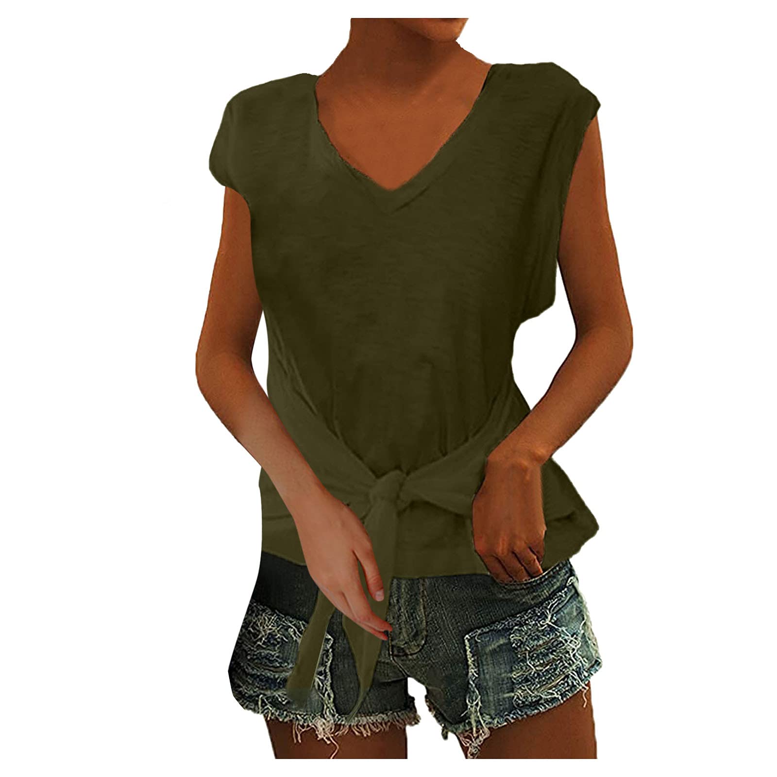Women's Short Puff Sleeve Blouse - V Neck Tie Front Knot Casual T-Shirt Top for Summer Outfits, Office Wear & Date Nights