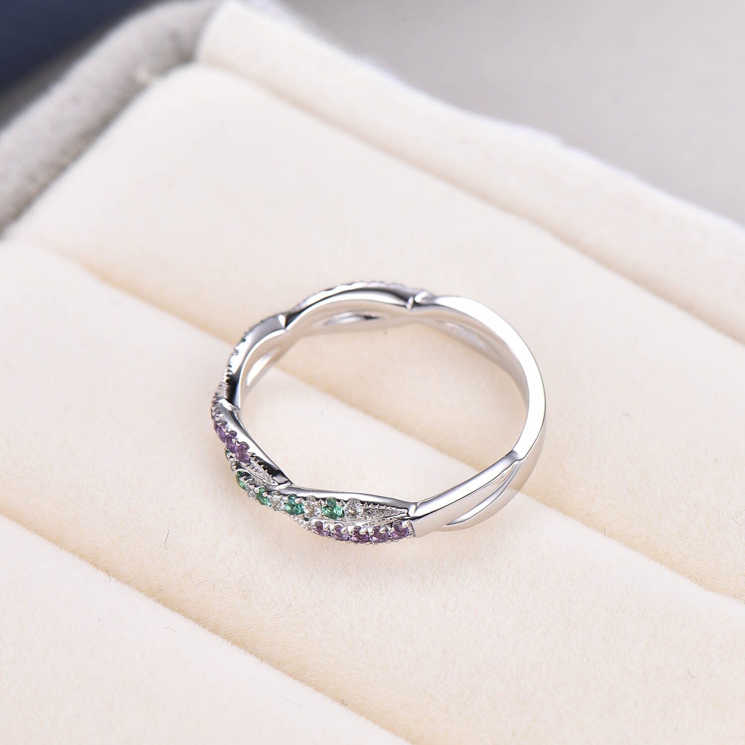 Natural Emerald Wedding Ring | 14K White Gold Amethyst & Aquamarine Half Eternity Stacking Band | Custom Matching Bridal Jewelry Set | Perfect for Engagement, Anniversary & Gift Giving
