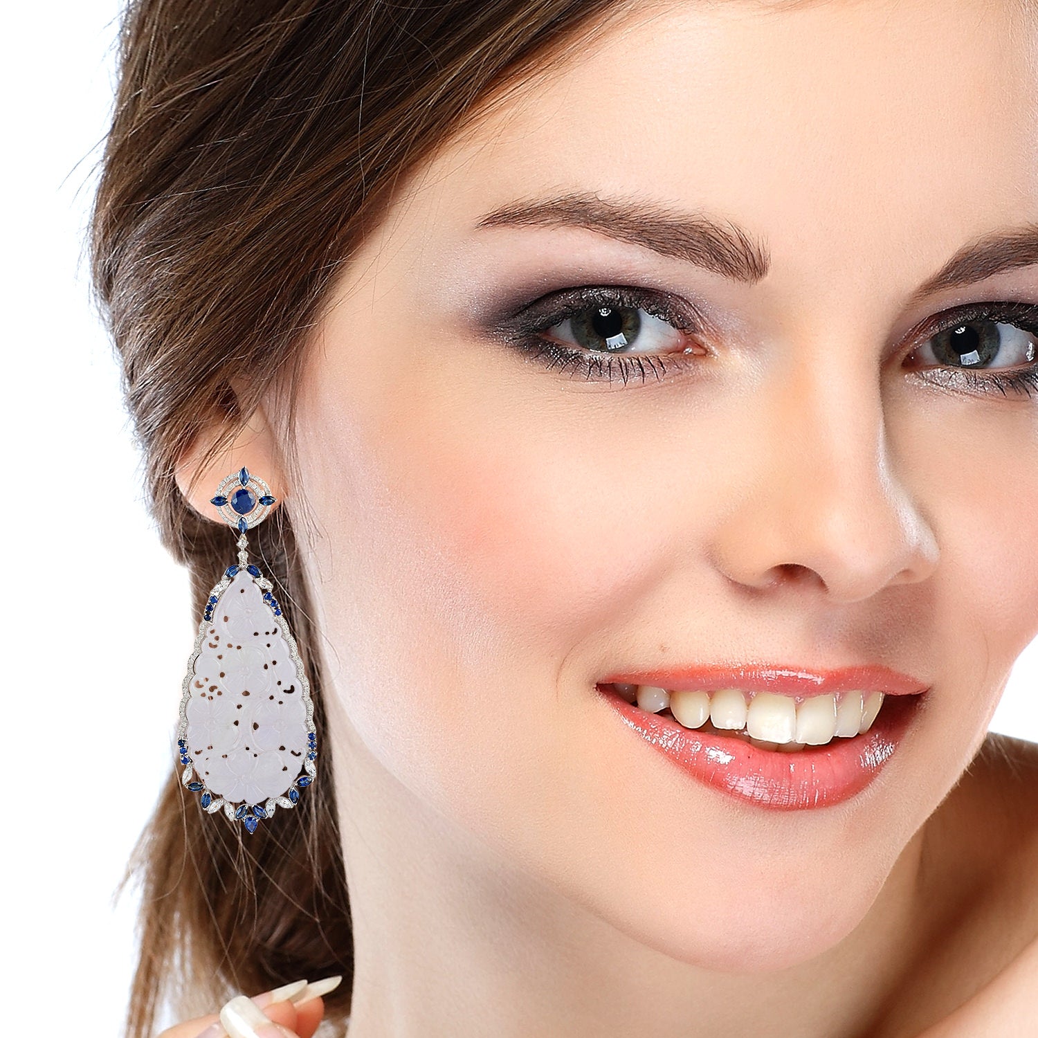 18K White Gold Hand-Carved Jade & Blue Sapphire Pave Diamond Dangle Earrings for Women – Perfect for Weddings, Parties & Special Occasions