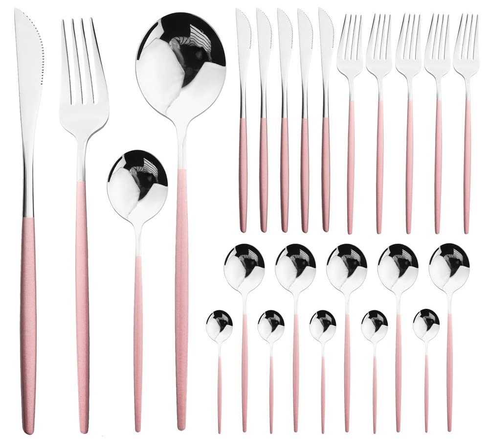 24-Piece Stainless Steel Silverware Flatware Set - Knife, Fork & Spoon Cutlery for Dining, Kitchen, Wedding & Events (Pink Silver) - Elegant Tableware for Home, Restaurants & Special Occasions