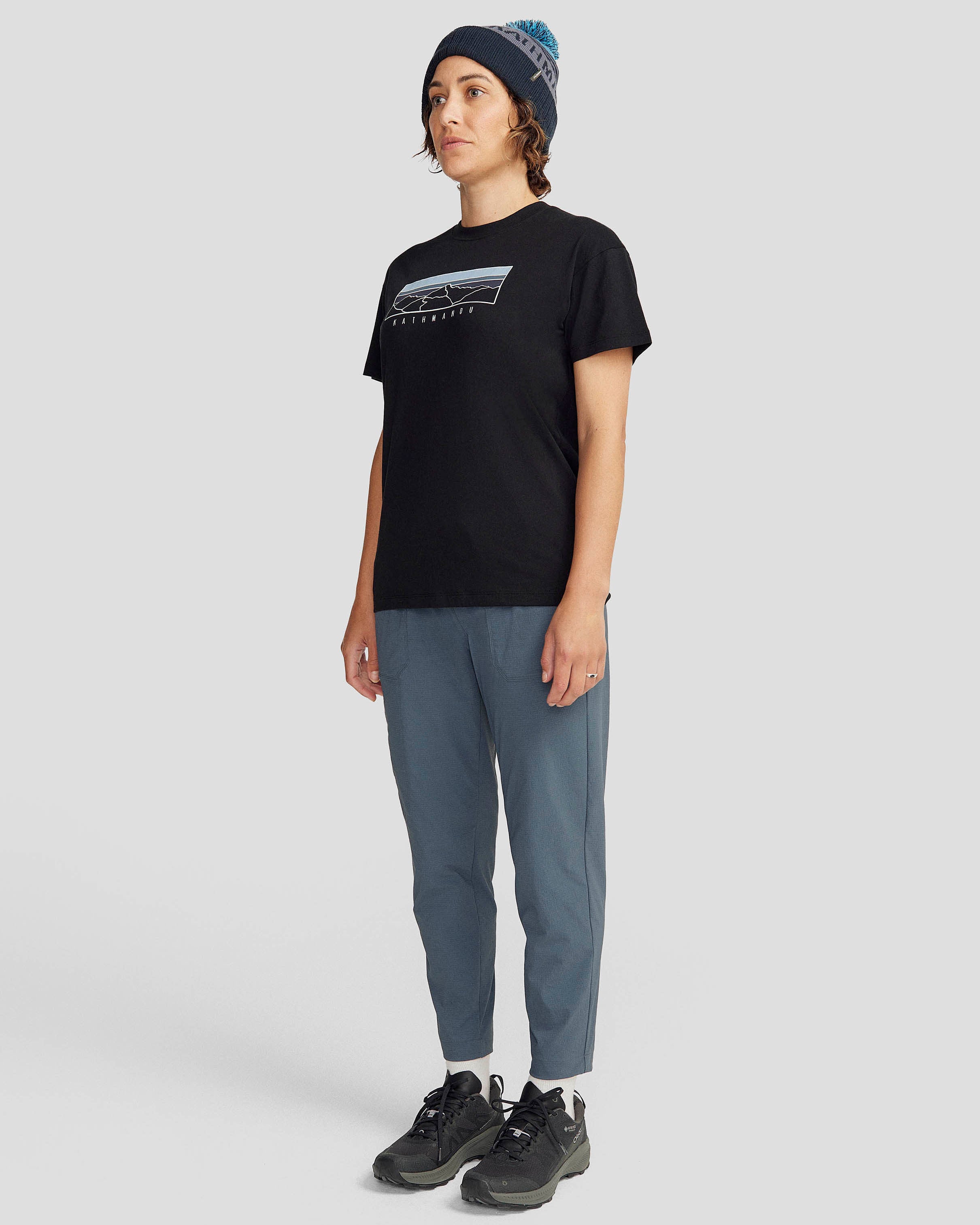 Women's Black Stingray Print Organic Cotton T-Shirt with Mountain Sunset Design | Soft Casual Tee for Hiking, Travel & Outdoor Adventures