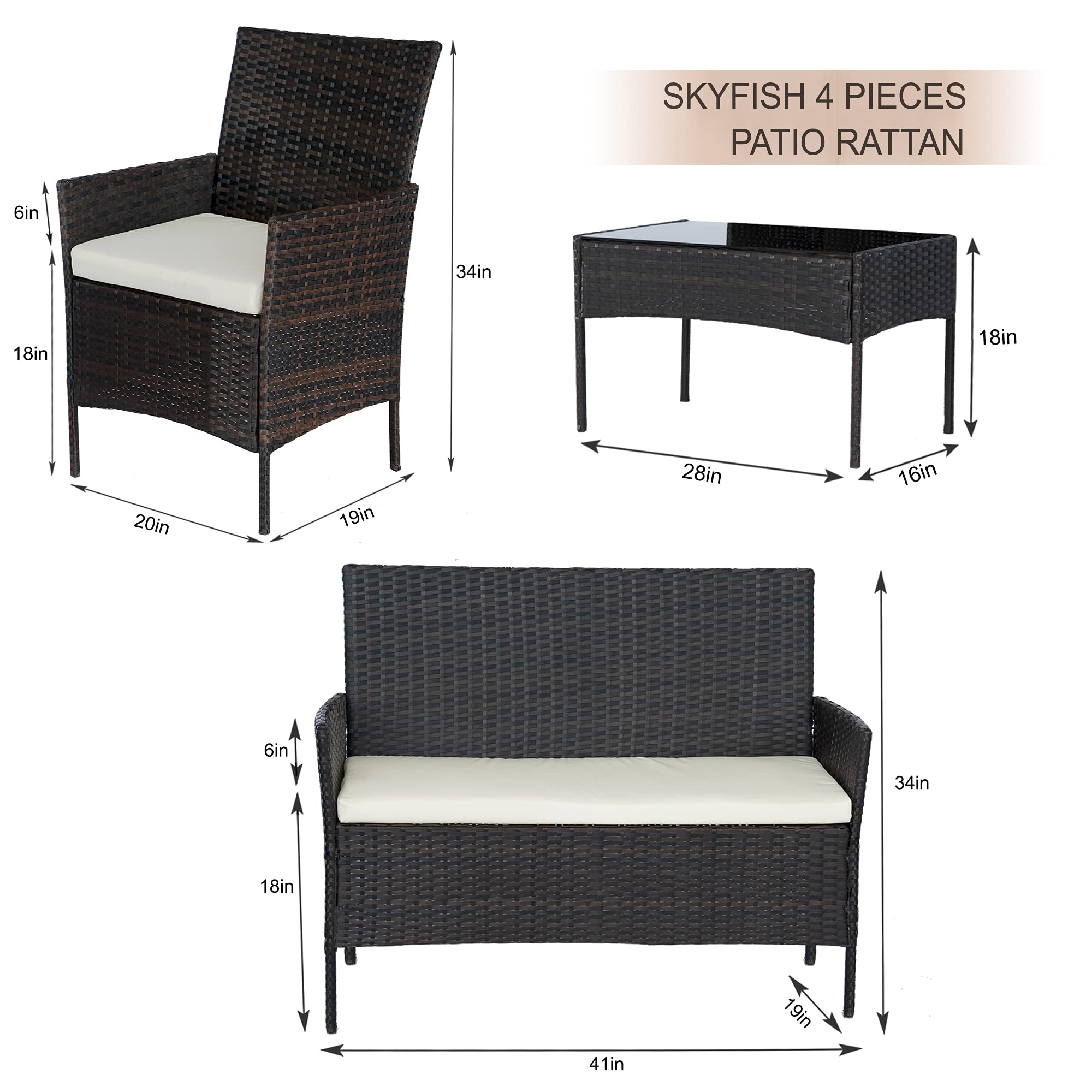 3-Piece Outdoor Wicker Patio Furniture Set - PE Rattan Sofa Chairs with Washable Cushions & Tempered Glass Tabletop - Brown - Perfect for Garden, Porch, Backyard and Poolside Relaxation