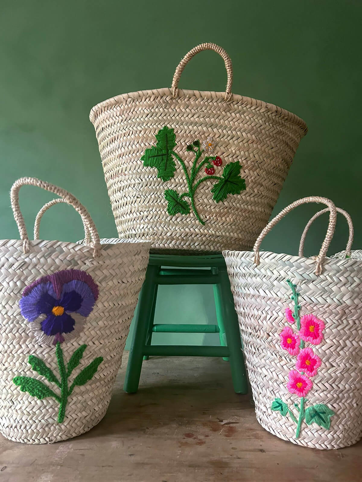 Hand Embroidered Market Basket with Wild Strawberry Design - Eco-Friendly Cotton Tote for Grocery Shopping, Farmers Market & Picnic Essentials