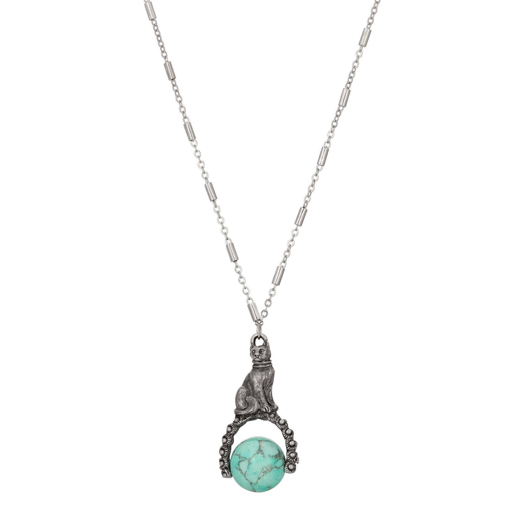 1928 Jewelry Cat & Turquoise Gemstone Spinner Pendant Necklace - 28