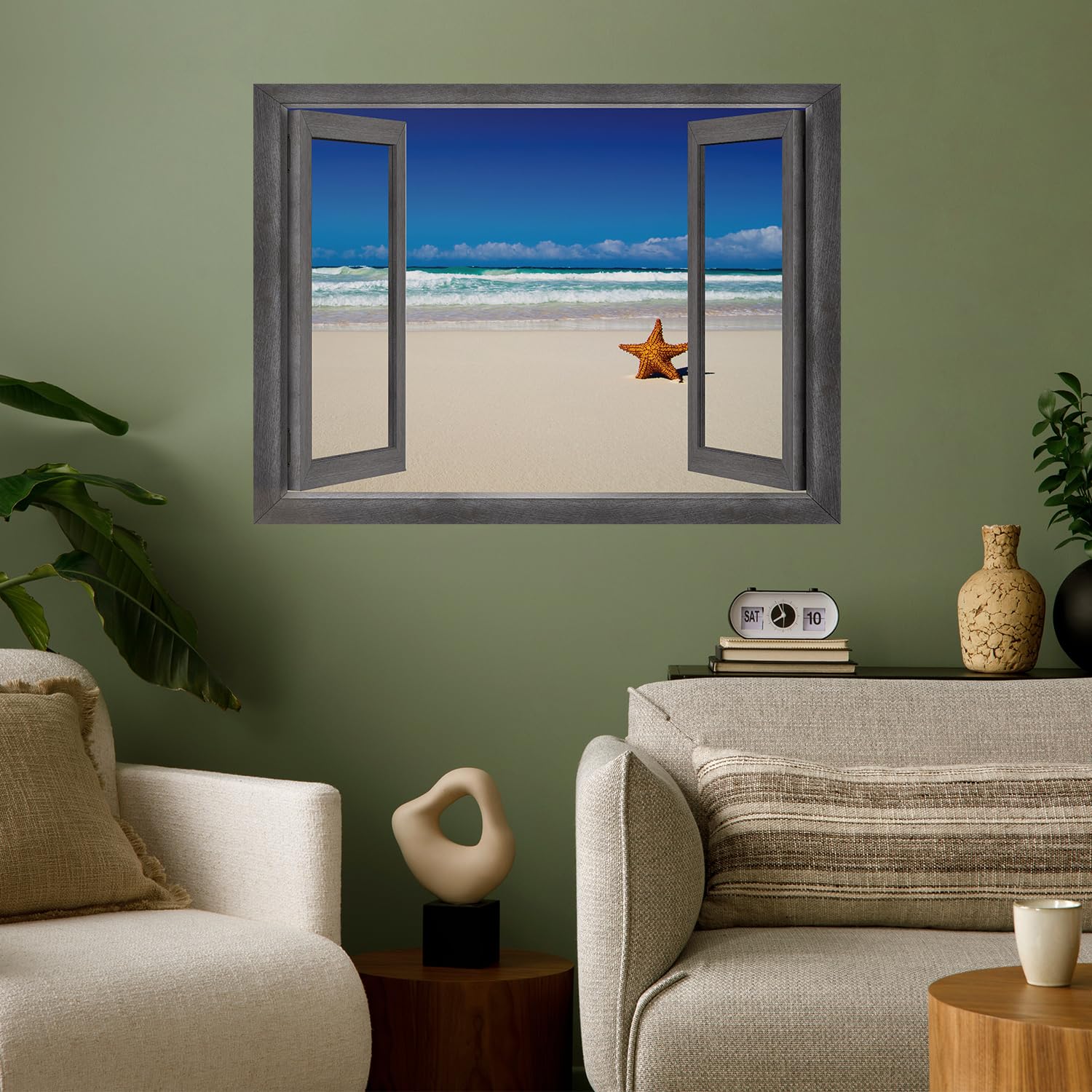 Wall26 - Ocean View with Starfish Window Wall Mural - 36x48 Inch Removable Peel & Stick Wallpaper - Beach Themed Home Decor for Living Room, Bedroom, Nursery - Self-Adhesive Wall Sticker for Easy Installation
