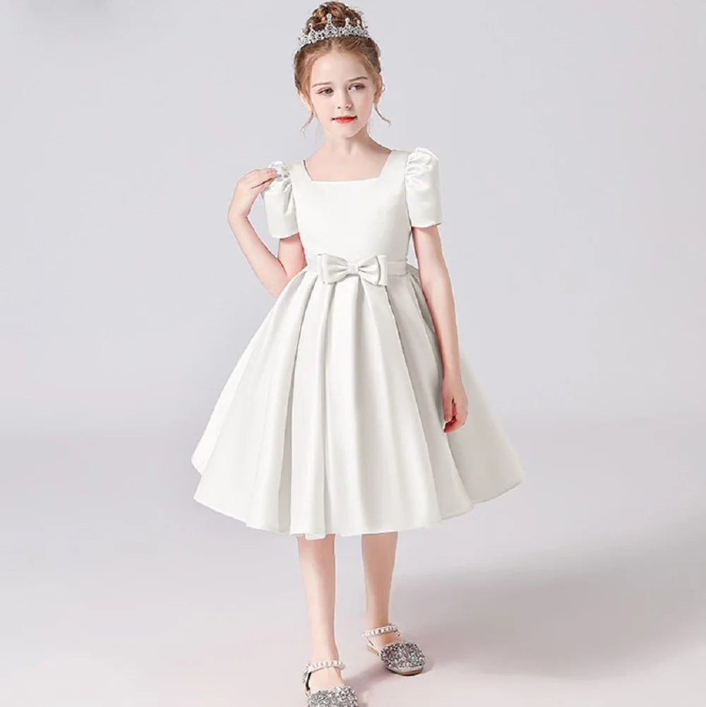 Satin Flower Girls Dress with Square Collar - Elegant Party Dress for Weddings, Birthday & Special Occasions