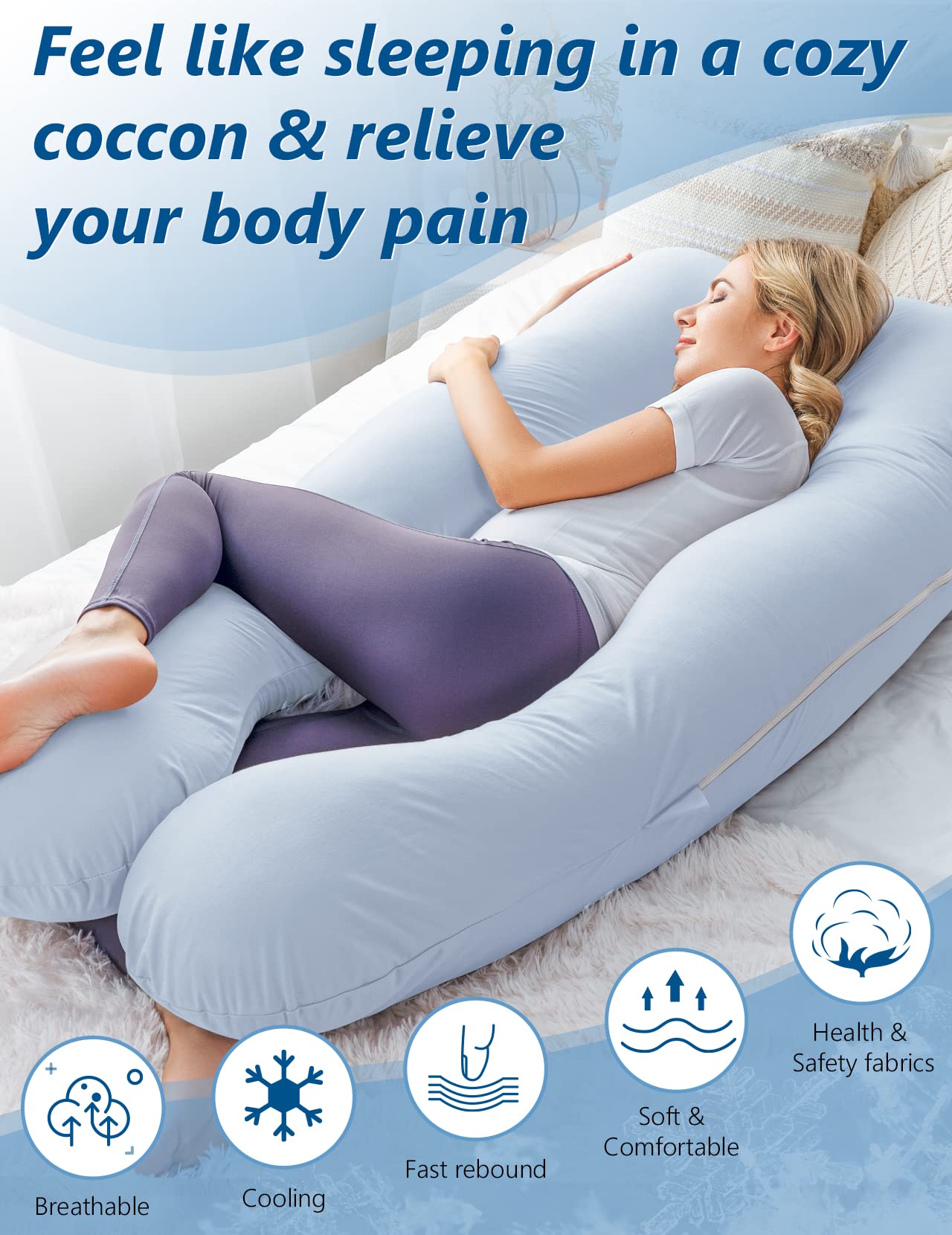 Meiz Cooling Pregnancy Pillow for Sleeping - Maternity Body Pillow with Jersey Cotton Cover for Pregnant Women (Blue) | Comfortable Support for Side Sleepers & Back Pain Relief During Pregnancy