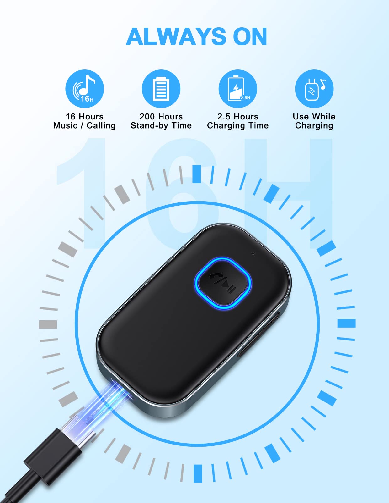 COMSOON Bluetooth AUX Adapter for Car - Wireless Audio Receiver with Noise Reduction for Music & Hands-Free Calls, 16H Battery Life & Dual Connect (Black+Gray) - Perfect for Car Audio Systems, Home Stereo & Speakers