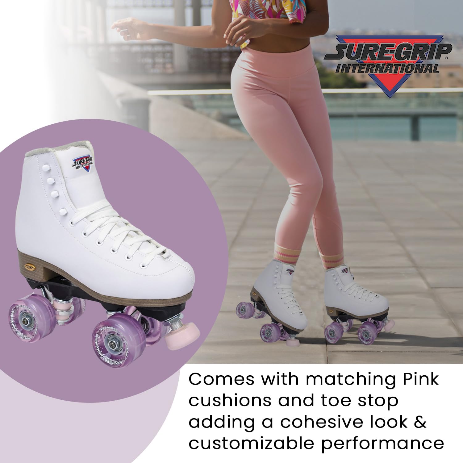 Sure-Grip Fame White Vegan Outdoor Roller Skates with Pink Motion Wheels - Microfiber Lined Boot, Rock Nylon Plates & Aluminum Trucks - Pink Cushions & Toe Stop - Perfect for Park, Trail & Urban Skating