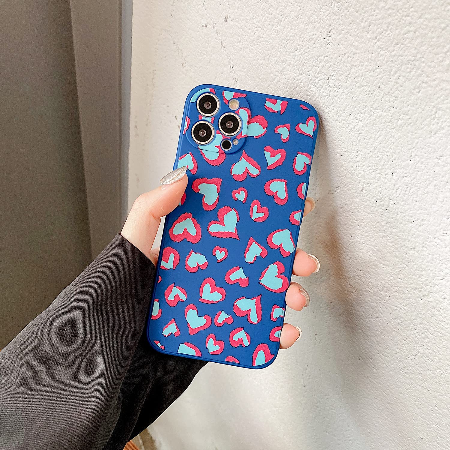 Ownest iPhone 12 Pro Max Case - Soft TPU Silicone Protective Cover with Cute Heart Leopard Pattern, Slim Fit for Women & Girls (Navy Blue/Rose) | Perfect for Daily Use, Work, School & Travel Protection