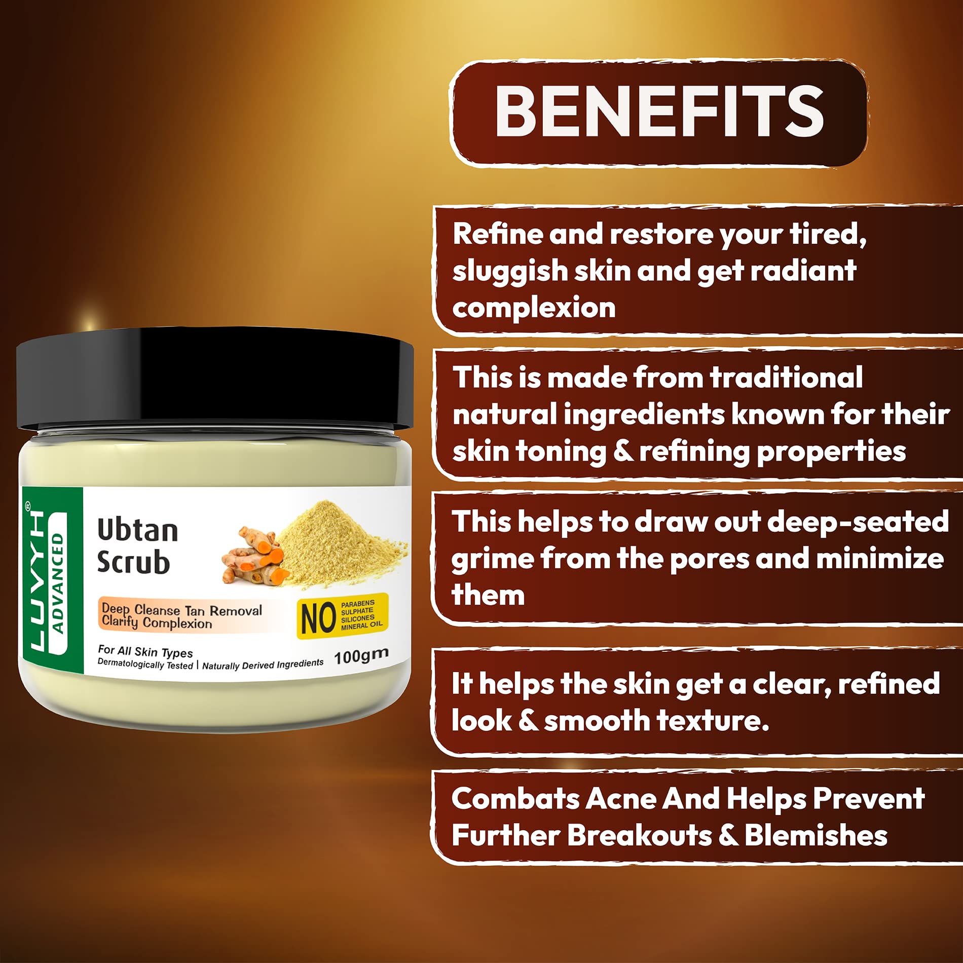 Luvyh Ubtan Face Scrub & Body Scrub with Walnut & Turmeric for Women and Men | Natural Cleansing, Tan Removal & Skin Brightening | Reduces Dark Spots | Nourishes & Glows Skin | Paraben-Free 100g | Perfect for Daily Skincare Routine & Spa Days