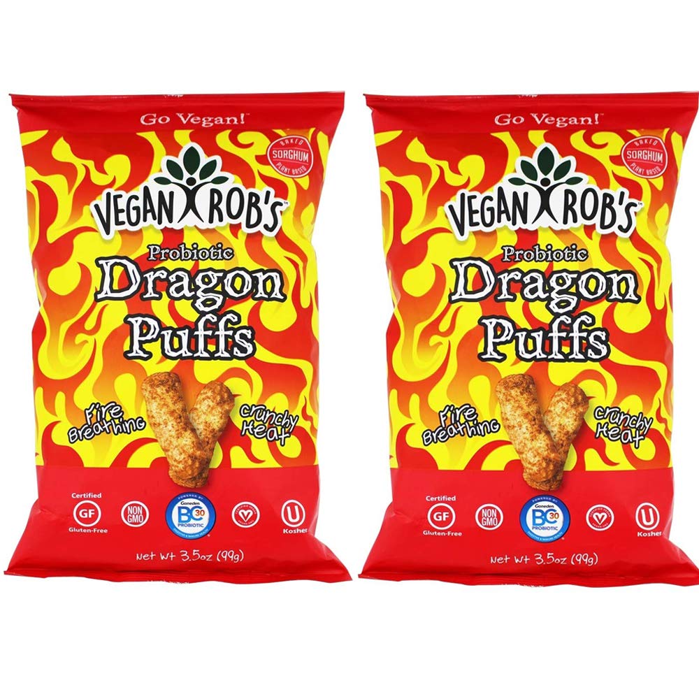 VEGAN ROBs Probiotic Dragon Puffs - Vegan, Kosher, Gluten Free Snacks - 3.5 oz Bag (Pack of 2) | Healthy Plant-Based Treats for Kids & Adults | Perfect for Lunchboxes, Road Trips & Movie Nights