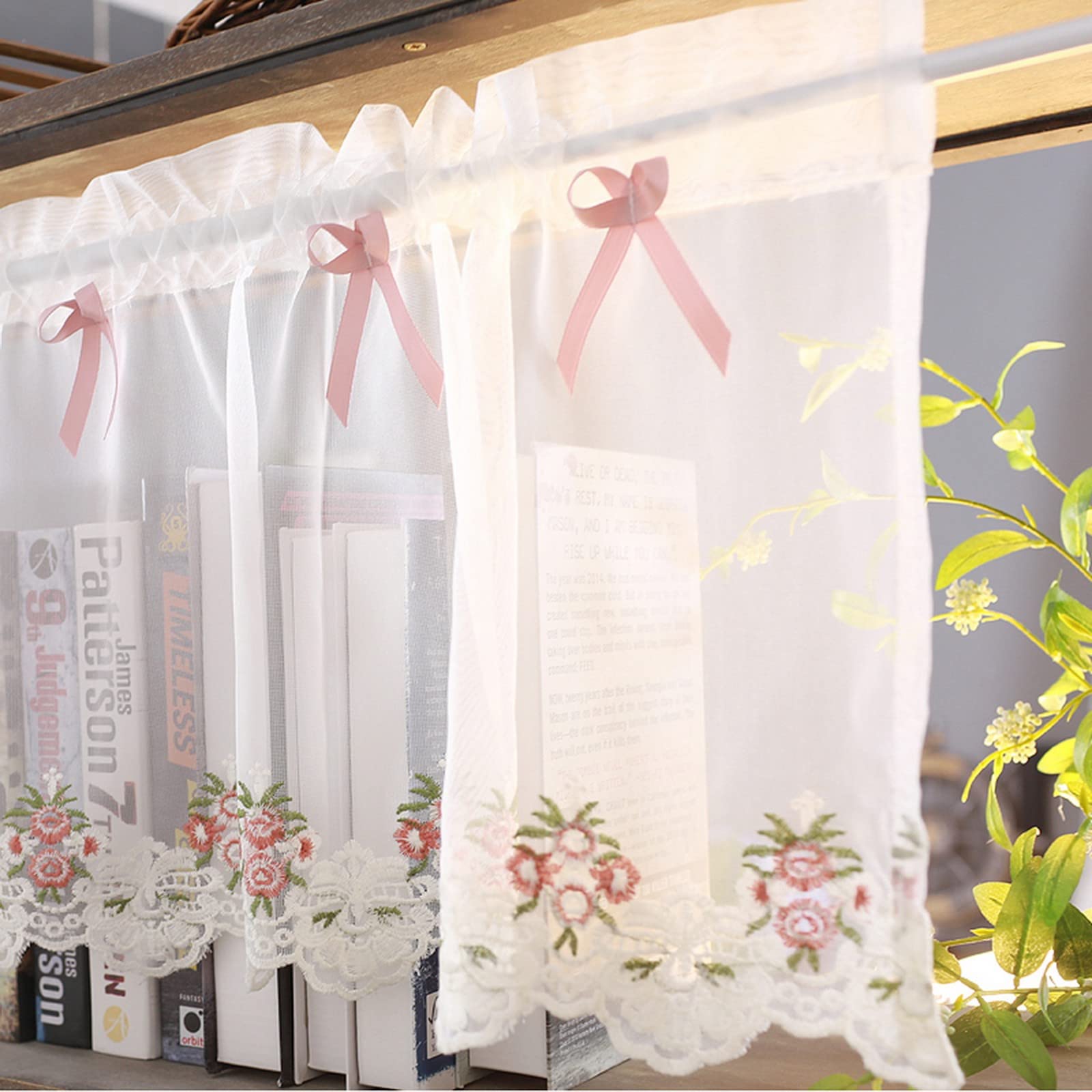 A.Monamour White Sheer Voile Tulle Curtain with Floral Embroidery - Short Half Window Panel for Small Windows, Kitchen, Café, Bedroom, Cabinet & Door - Lightweight Transparent Valance Drapes for Privacy & Decoration