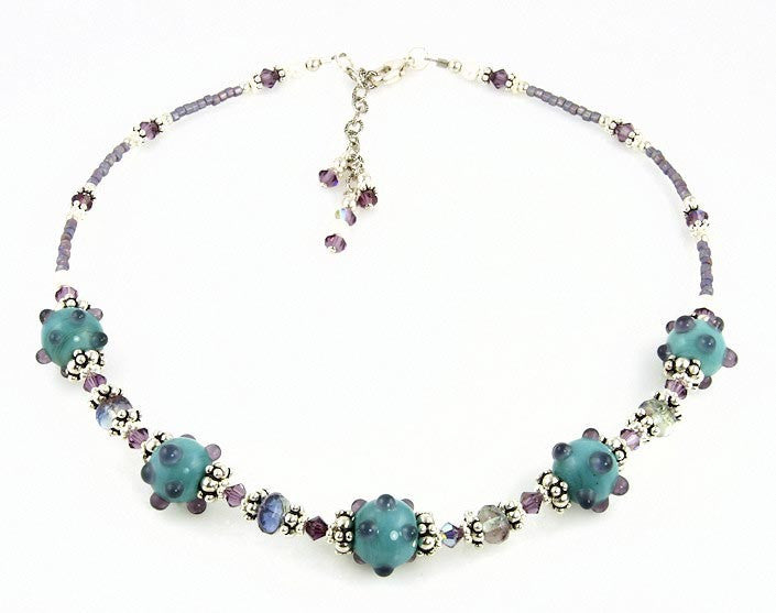 Aqua Violet Crystal Bali Beaded Necklace for Women - Handmade Bohemian Jewelry - Perfect for Beach, Festival, and Boho Fashion Accessories