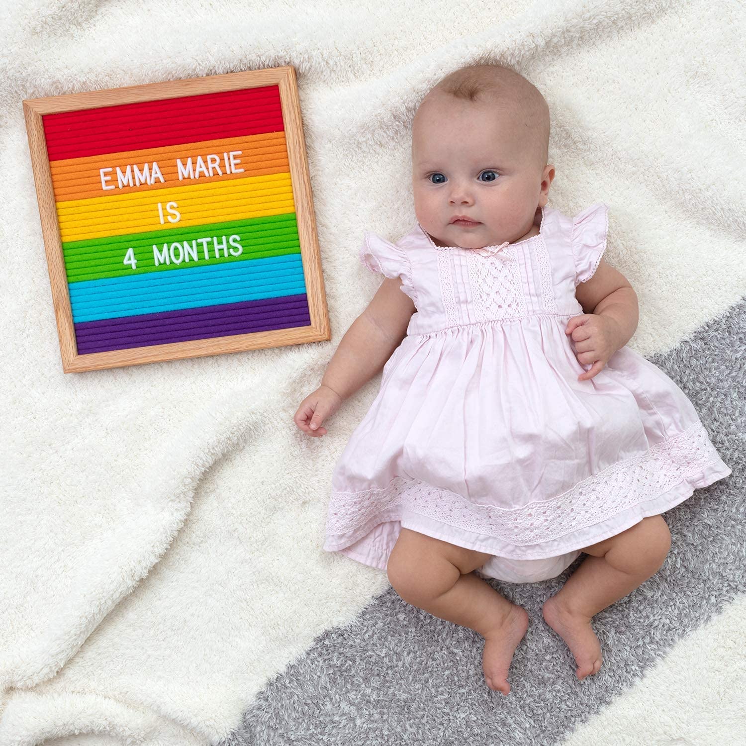 10x10 Inch Felt Letter Board with 300 Changeable Letters - White Oak Frame Message Board for Baby Announcements, Milestones, Office Decor & Home Signage | Perfect for Birthdays, Weddings, and Classroom Displays (Rainbow)