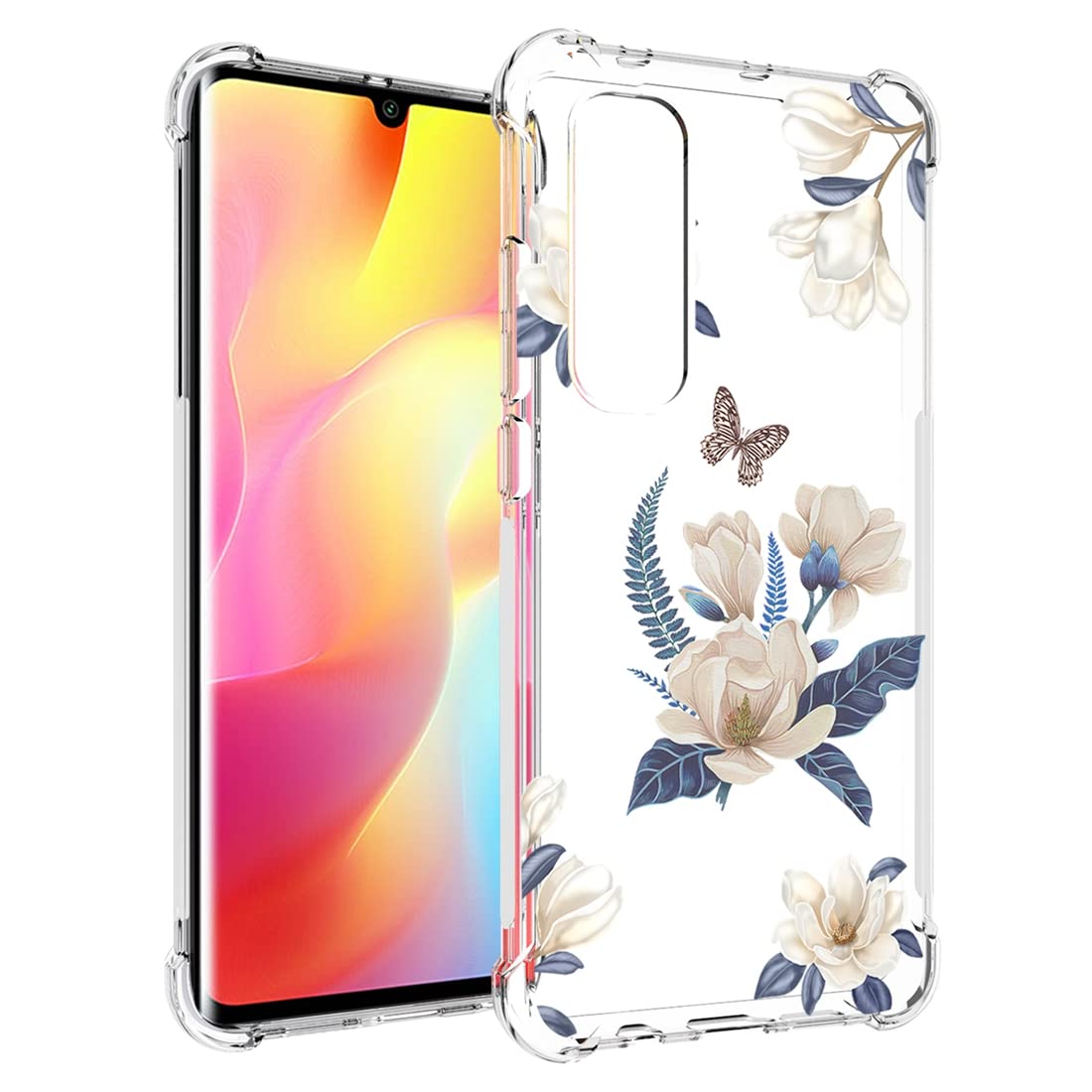 Xiaomi Note 10 Lite Case for Women - Cute Clear Slim Shockproof TPU Rubber Phone Cover with Floral Design | Protective Case for Xiaomi Mi Note 10 Lite M2002F4LG | Perfect for Everyday Use, Work & Travel (White Flower Pattern)