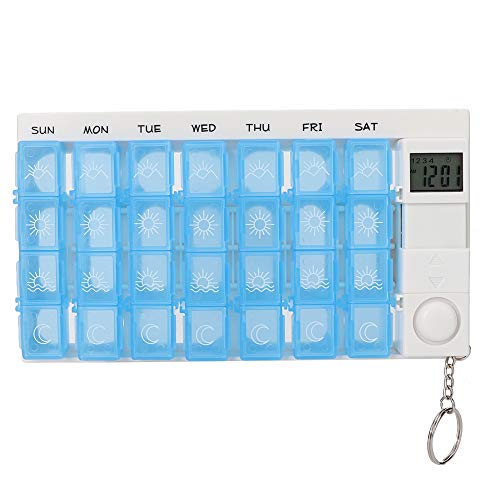 28 Grids Weekly Pill Organizer - Smart Storage Pill Box with Reminder, Moisture-Proof Portable Medication Case for Tablets, Pills & Candy (Blue) | Perfect for Travel, Home & Daily Medication Management