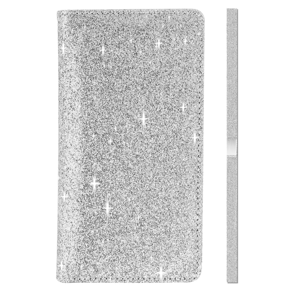 LOLOMLO Sparkling Glitter Checkbook Cover for Women & Girls - RFID Blocking PU Leather Checkbook Holder with Pen Loop & Elastic Strap - Fits Top/Side Tear Checks - Perfect for Office, Banking & Gift Giving (Silver)