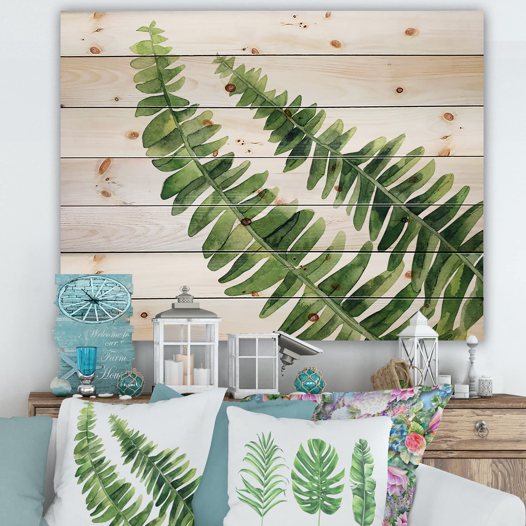 Farmhouse Wood Wall Decor - Fern Leaves Design on Natural Pine Wood, Large Floral Wall Art Panel for Living Room, Bedroom & Home Office (Green Wood Wall Art)