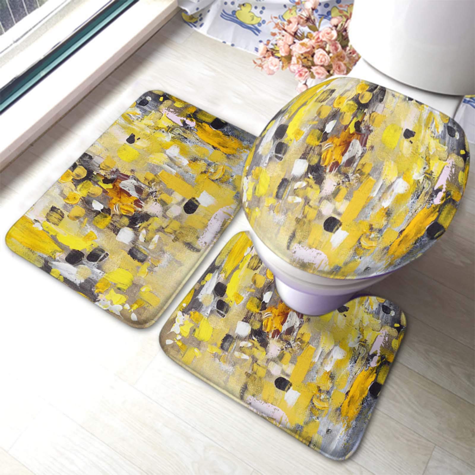 Abstract Hand-Painted Bathroom Rug Set - 3-Piece Yellow U-Shaped Contour Mat, Toilet Lid Cover & Floor Mat | Non-Slip Bath Mat for Modern & Boho Decor | Perfect for Bathroom, Powder Room & Guest Bath