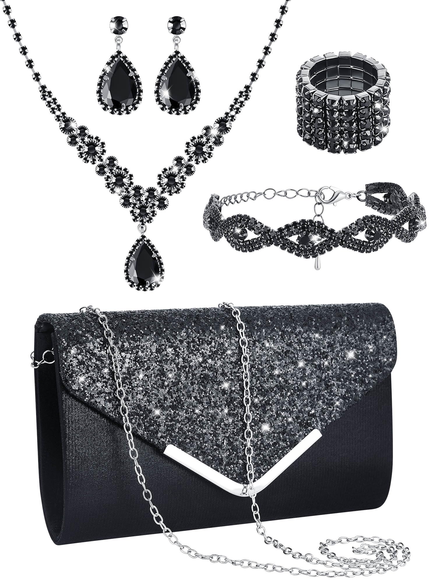 Henoyso 5-Piece Rhinestone Jewelry Set for Women - Necklace, Earrings & Bracelet with Matching Clutch Purse - Perfect for Bridal, Prom & Evening Events - Elegant Wedding Accessories & Formal Party Jewelry Set