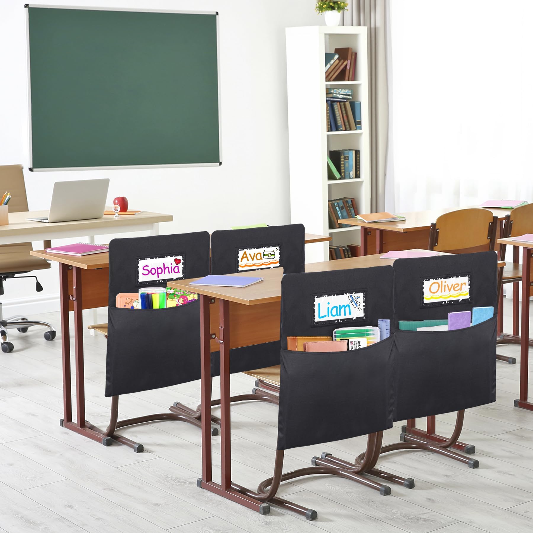 Black Chairback Buddy Pocket Chart 12 Pack - 17 x 20 Inch Classroom Chair Pockets with Name Slot - Back of Chair Organizer for School Supplies Storage - Perfect for Teachers, Students & Homeschool Organization