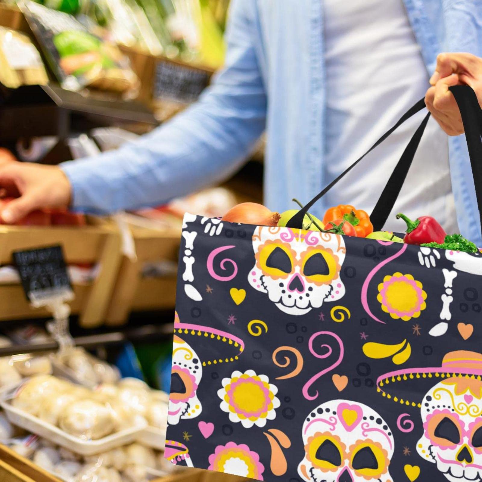 Skull Print Water-Resistant Collapsible Grocery Tote Bag - Heavy Duty Reusable Shopping Basket (22x12.6x11.4 Inches) for Supermarket, Beach & Halloween Shopping