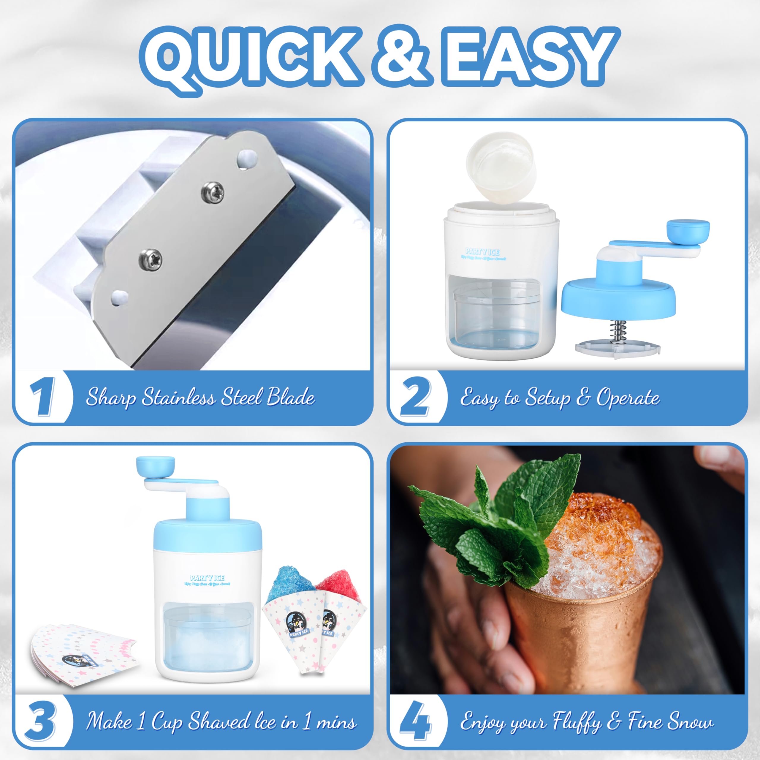 Manual Ice Shaver Machine - Portable Snow Cone Maker & Ice Crusher with 10 Cups, 10 Spoons, Straws & Recipe Book (Blue) - Perfect for Home Parties, Summer Treats & DIY Frozen Desserts