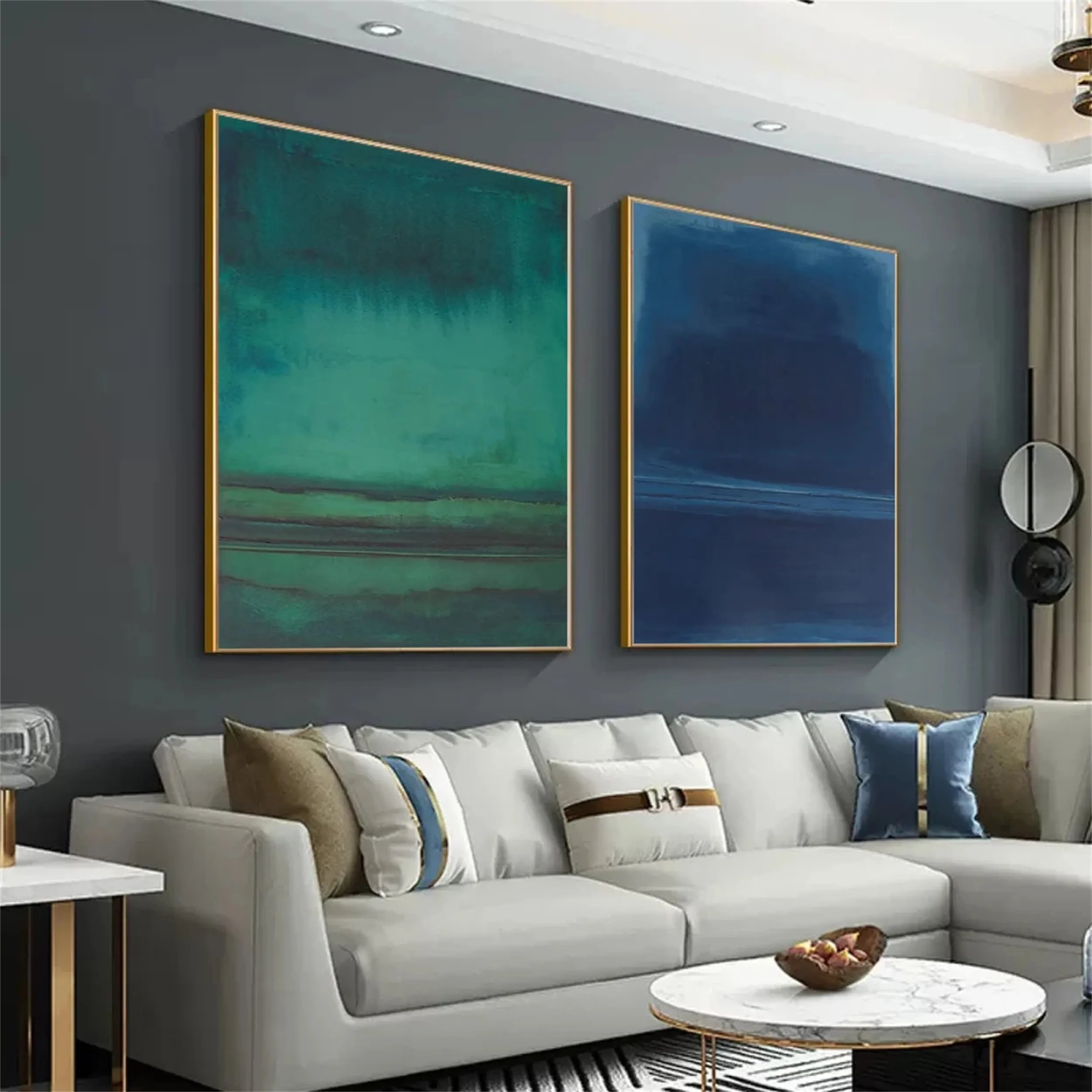 Abstract Blue and Green Canvas Art Set of 2 - Modern Wall Decor for Living Room, Bedroom & Office - BG053