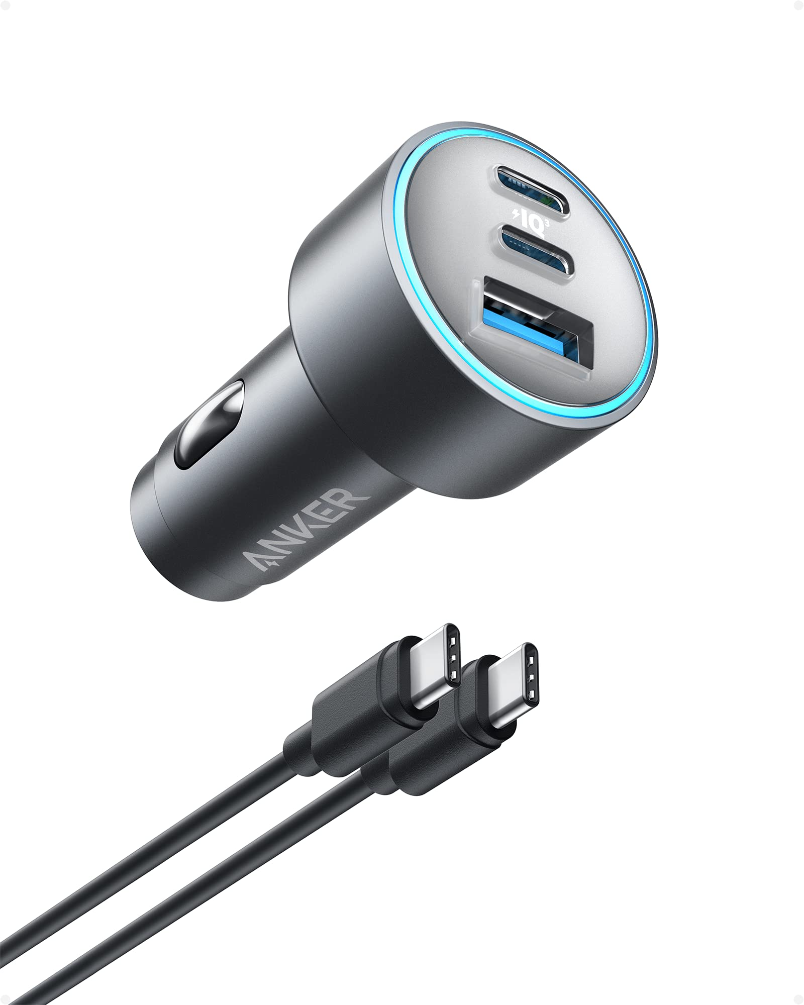 Anker 67W 3-Port Fast Car Charger with USB-C Cable - High Speed Charging for iPhone 16/15/14, Galaxy S23, iPad Air, Tablets & More - Compact Design for Road Trips & Daily Commutes
