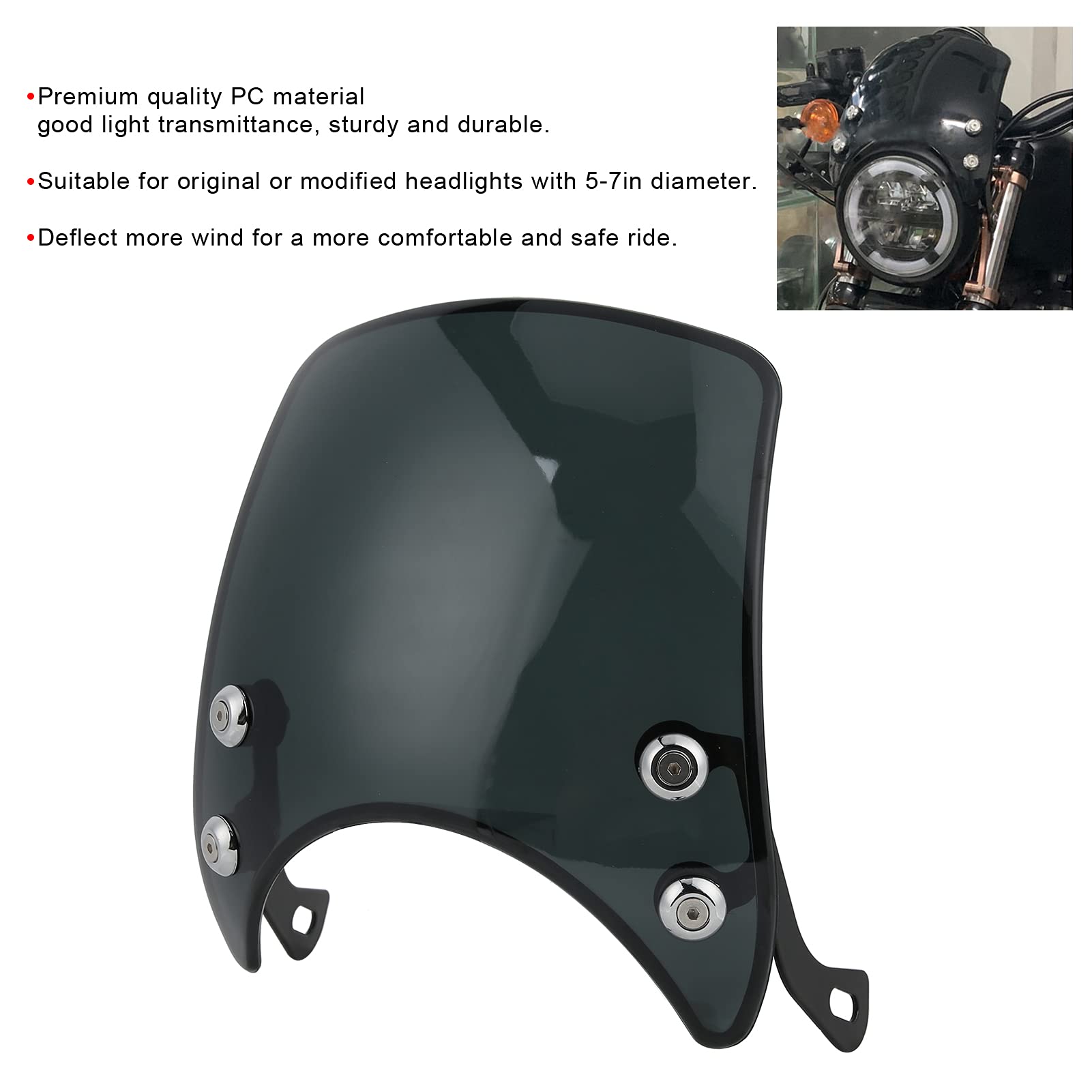 Universal Motorcycle Windshield for 5-7in Headlight - Wind Deflector for Cruiser & Retro Bikes