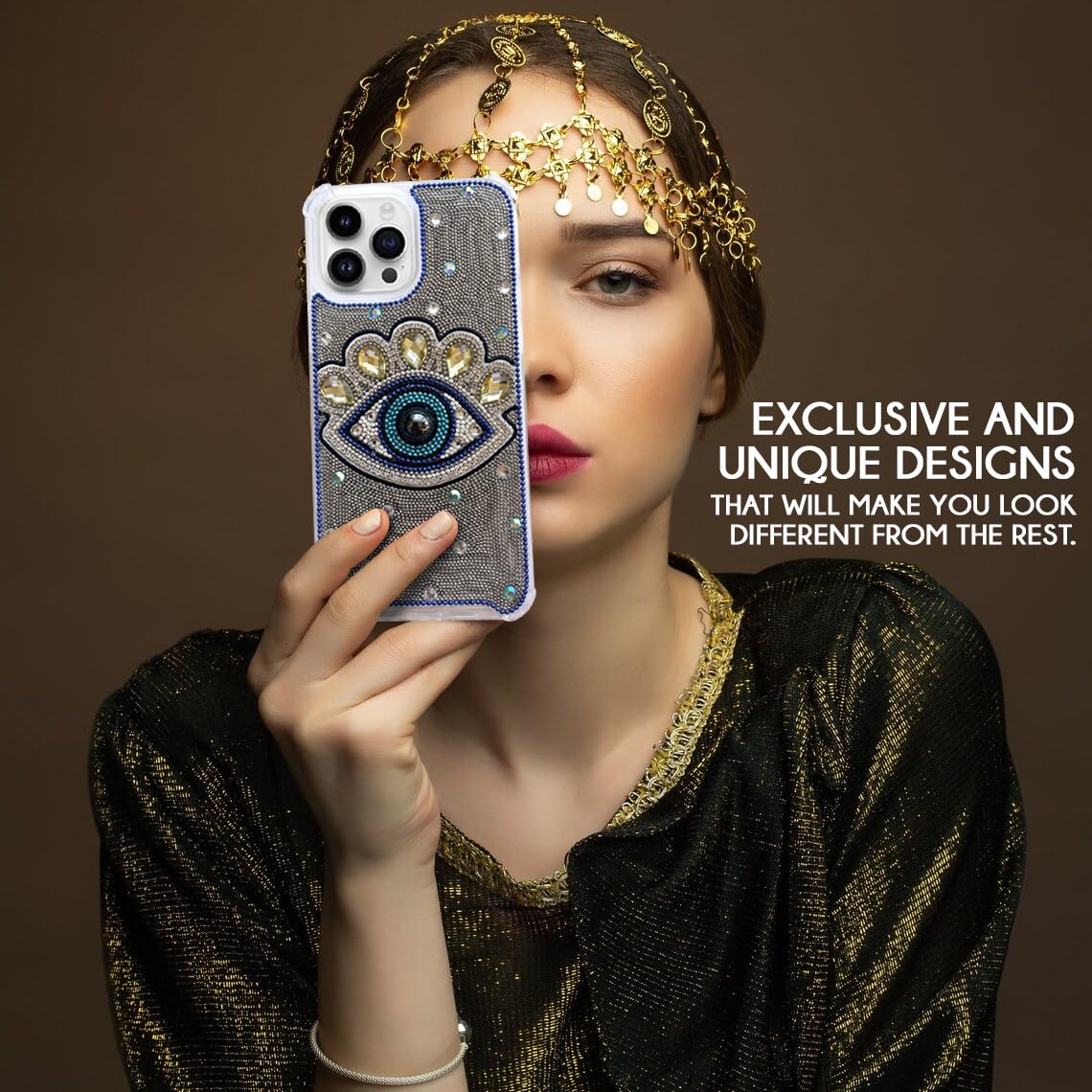 Custom Evil Eye Protective Phone Case for iPhone 14/15 Pro - Slim Fit Heavy Duty Cover with Bling Design | Perfect for Everyday Protection & Fashion Statement
