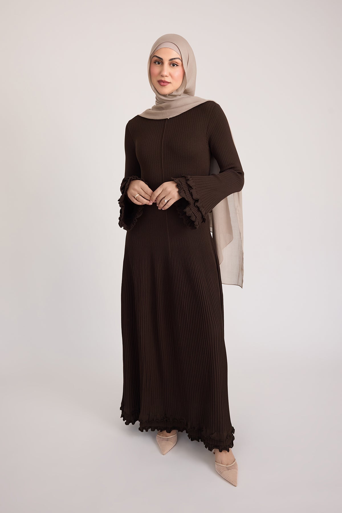 Isadora Ruffle Knit Long Sleeve Maxi Dress for Women - Elegant Brown Boho Chic Dress for Fall/Winter, Perfect for Parties, Weddings & Date Nights
