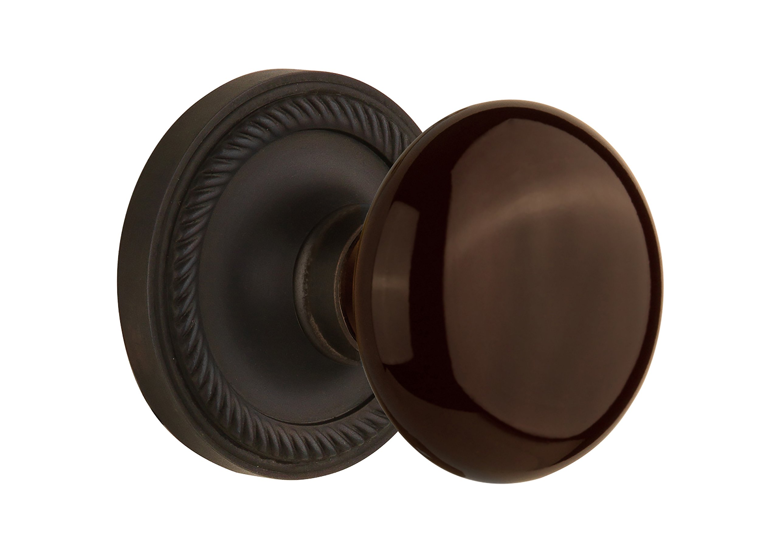 Nostalgic Warehouse 710567 Single Dummy Oil Rubbed Bronze Rope Rosette with Brown Porcelain Knob - Vintage Cabinet Hardware for Kitchen & Bathroom Renovation
