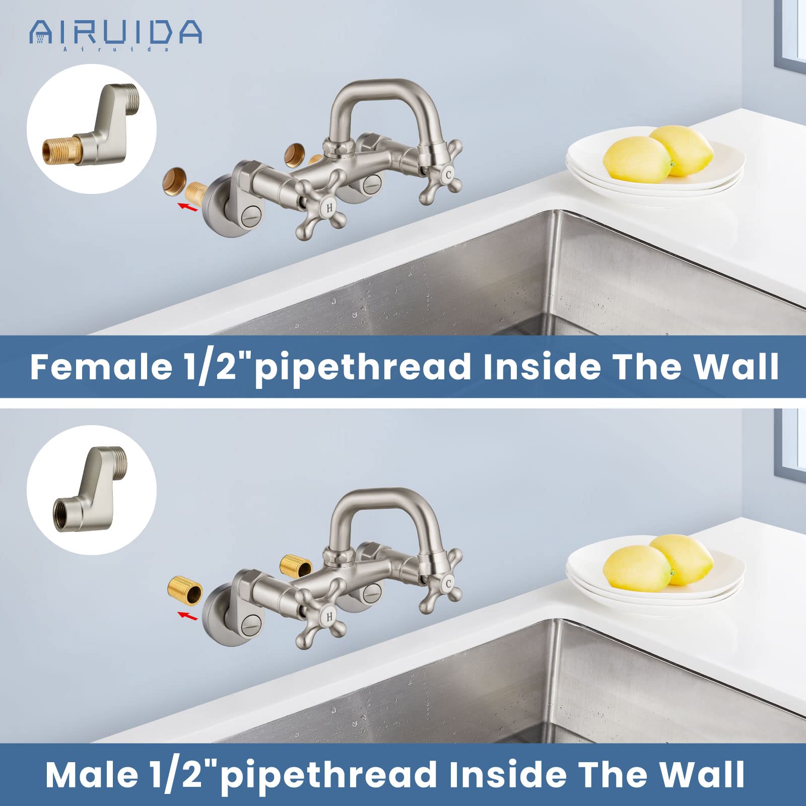 Brushed Nickel Wall Mount Kitchen Faucet - 4 Inch (10cm) Spout Reach, Adjustable Center Double Cross Handles, 360° Rotatable - Perfect for Laundry Sinks, Restaurants & Commercial Use