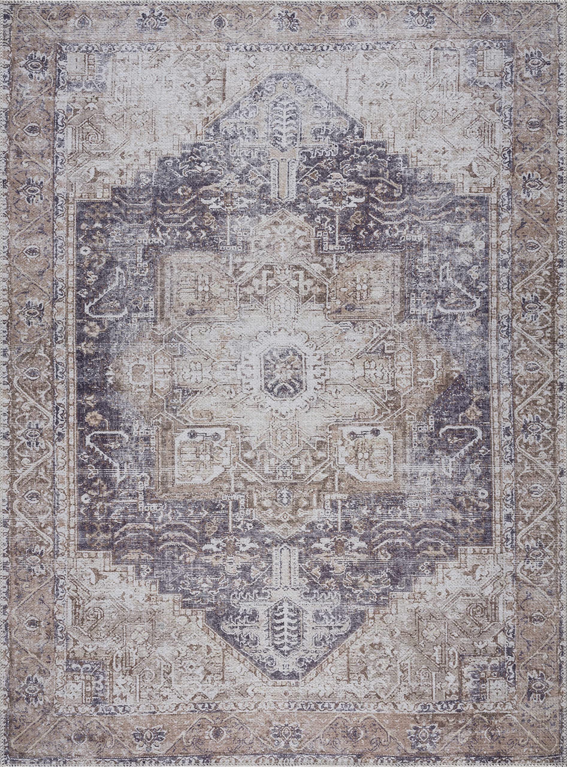 Machine Washable Traditional Runner Rug for Hallway & Kitchen - Beige, Light Brown, Navy - 2'7