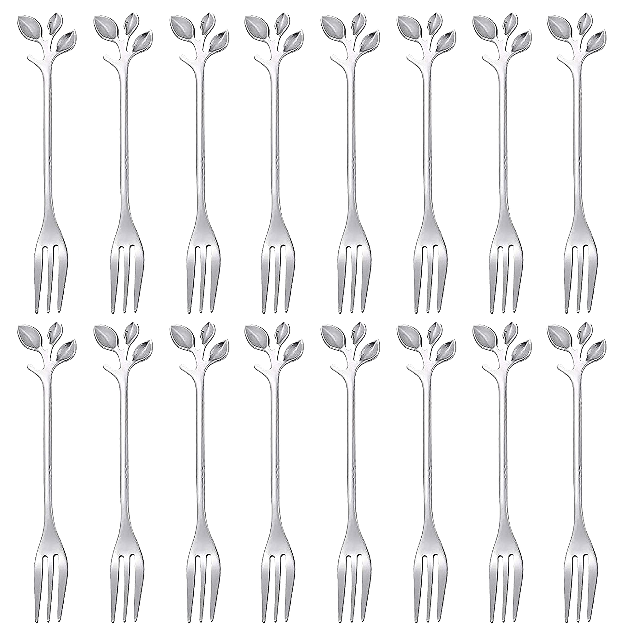 16-Piece Stainless Steel Silver Leaf Appetizer Forks Set - 4.7 Inch Elegant Dessert Forks for Cake, Fruit, Canapés - Perfect for Weddings, Parties & Home Entertaining (Silver)