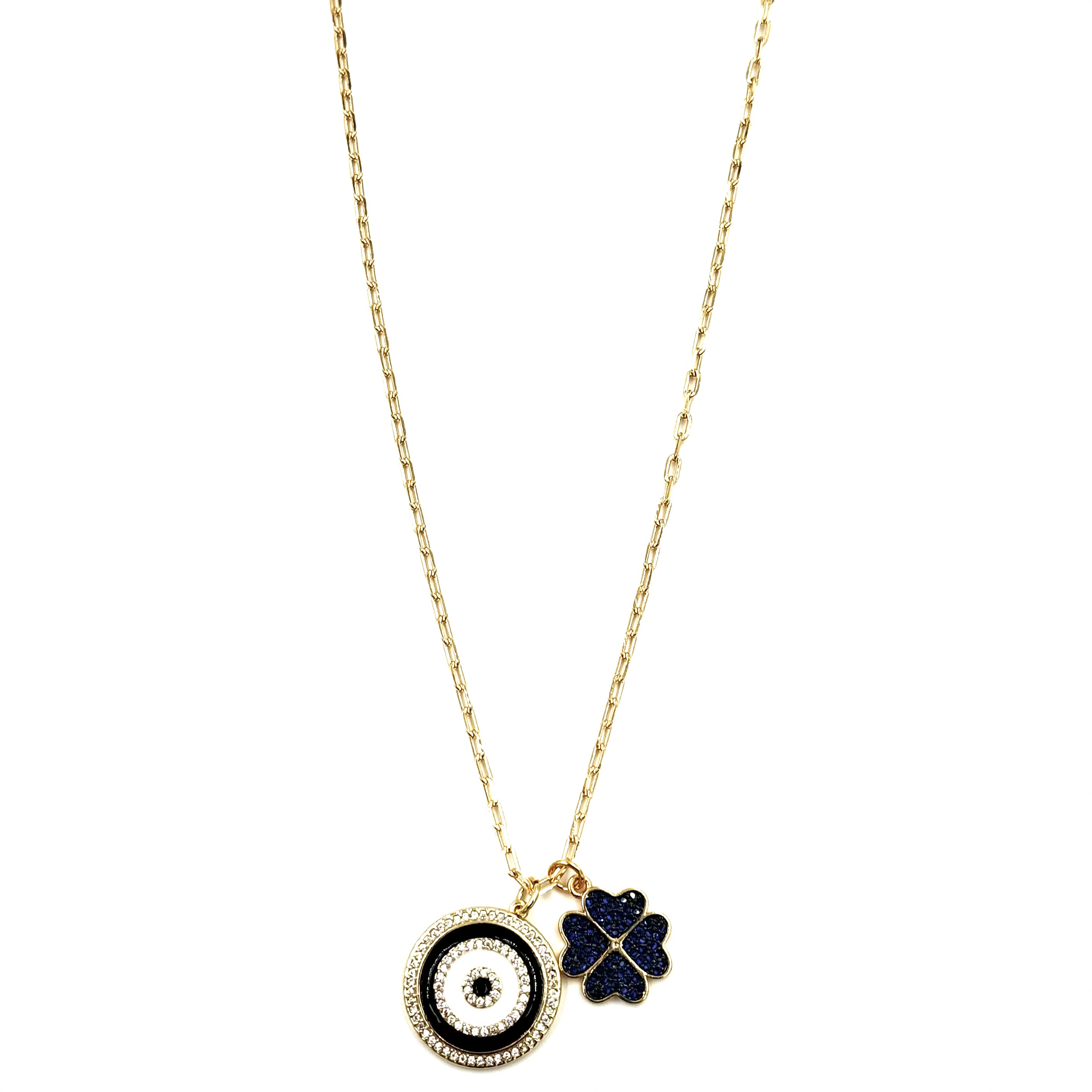 Ashley Gold Stainless Steel Evil Eye & 4 Leaf Clover Necklace - 18K Gold Plated CZ & Enamel Charm Pendant | Perfect for Protection, Luck & Everyday Jewelry