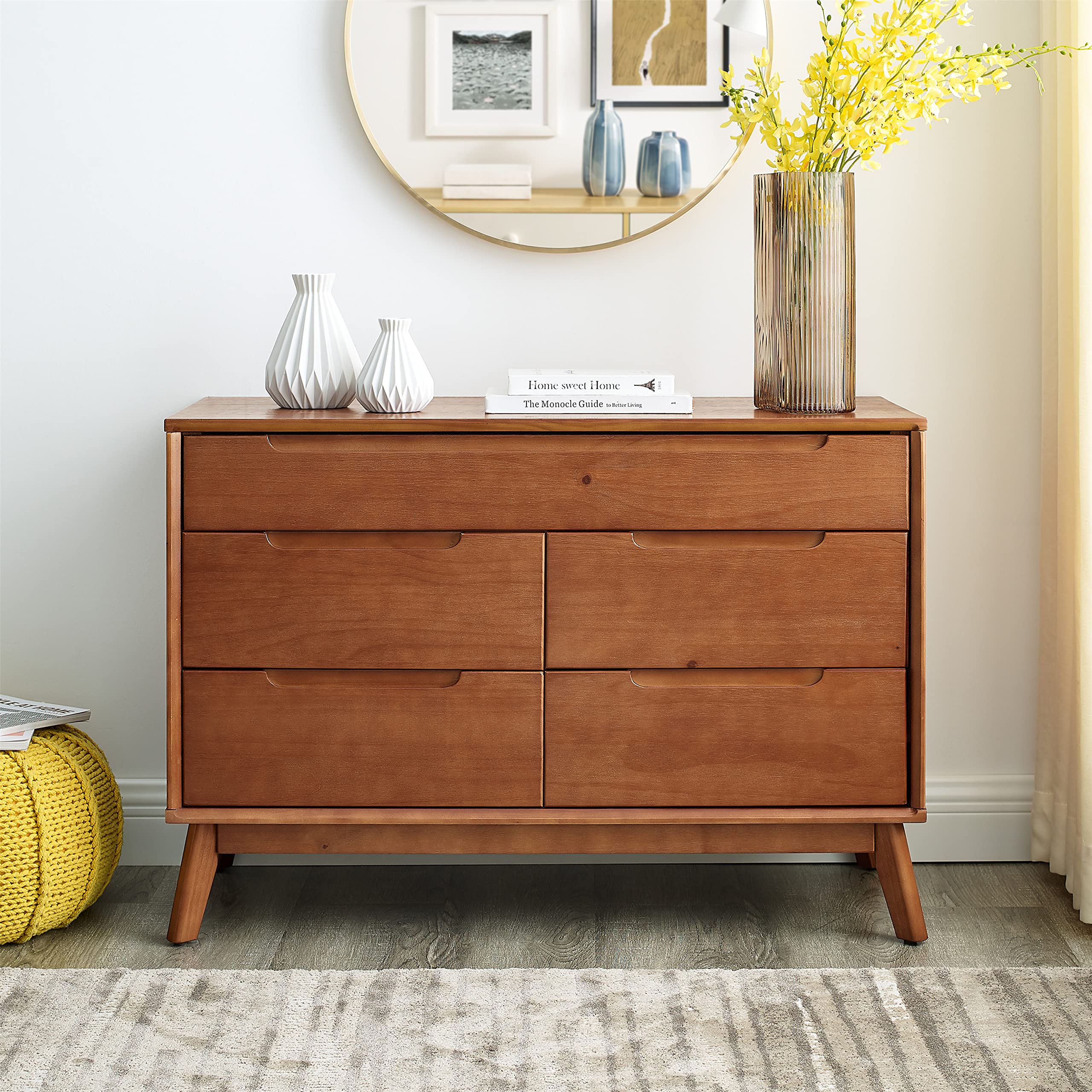 Mid Century Modern 5-Drawer Dresser for Bedroom - Solid Wood Storage Cabinet with 3-Tier Organizer - Walnut Finish for Closet, Living Room, Hallway & Nursery - Perfect for Clothes, Blankets & Home Organization