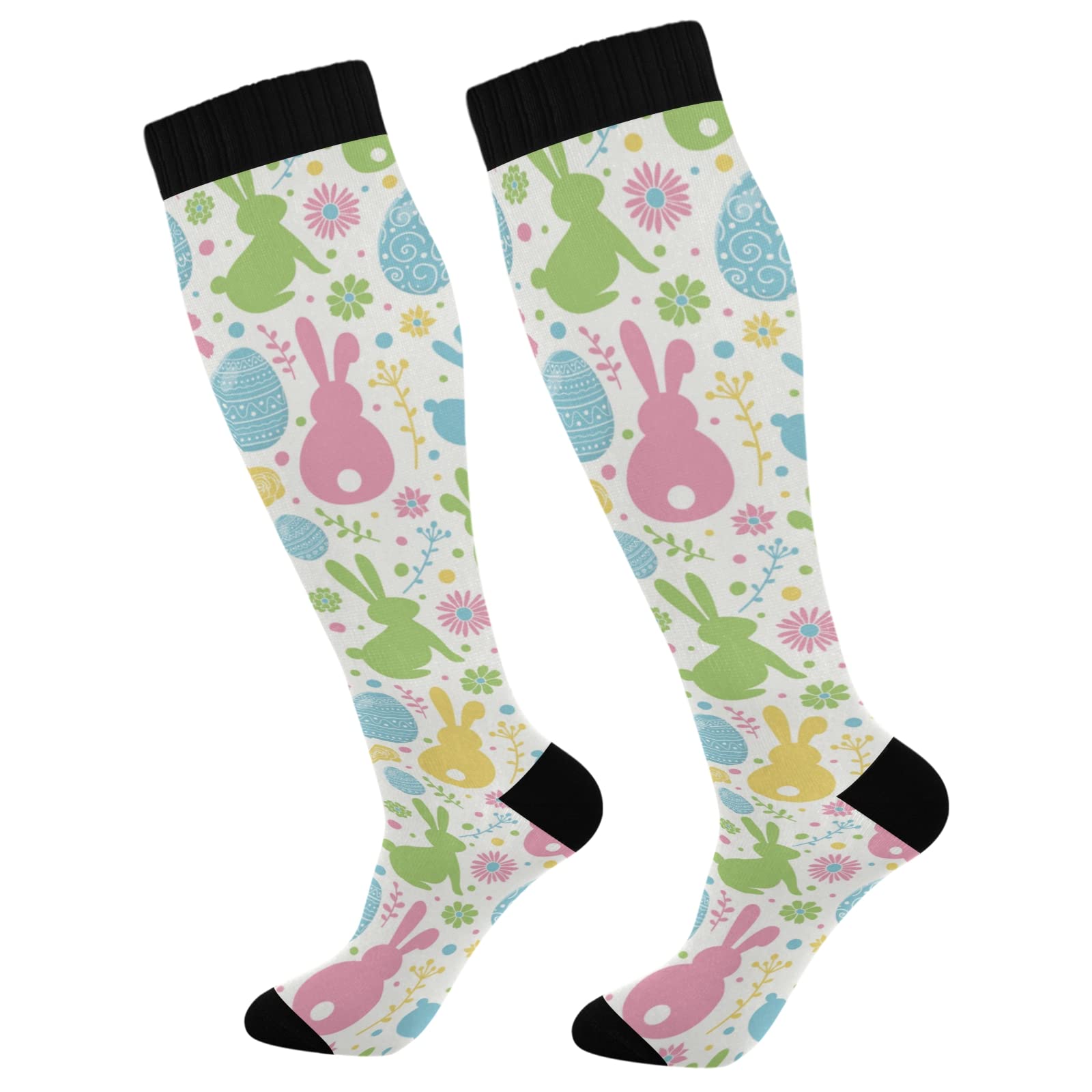 Xigua Colorful Decorative Eggs Bunnies and Flowers Compression Socks for Women & Men - Improve Circulation, Best for Running, Nursing, Travel, Cycling - Perfect for Easter, Sports & Daily Wear