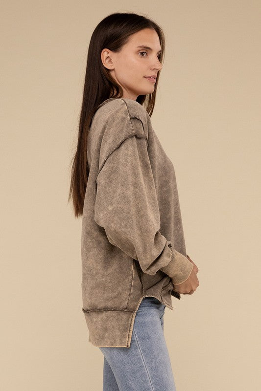 Acid Wash French Terry Exposed Seam Sweatshirt | Vintage Distressed Pullover | Casual Streetwear for Men & Women | Perfect for Fall Layering and Urban Fashion