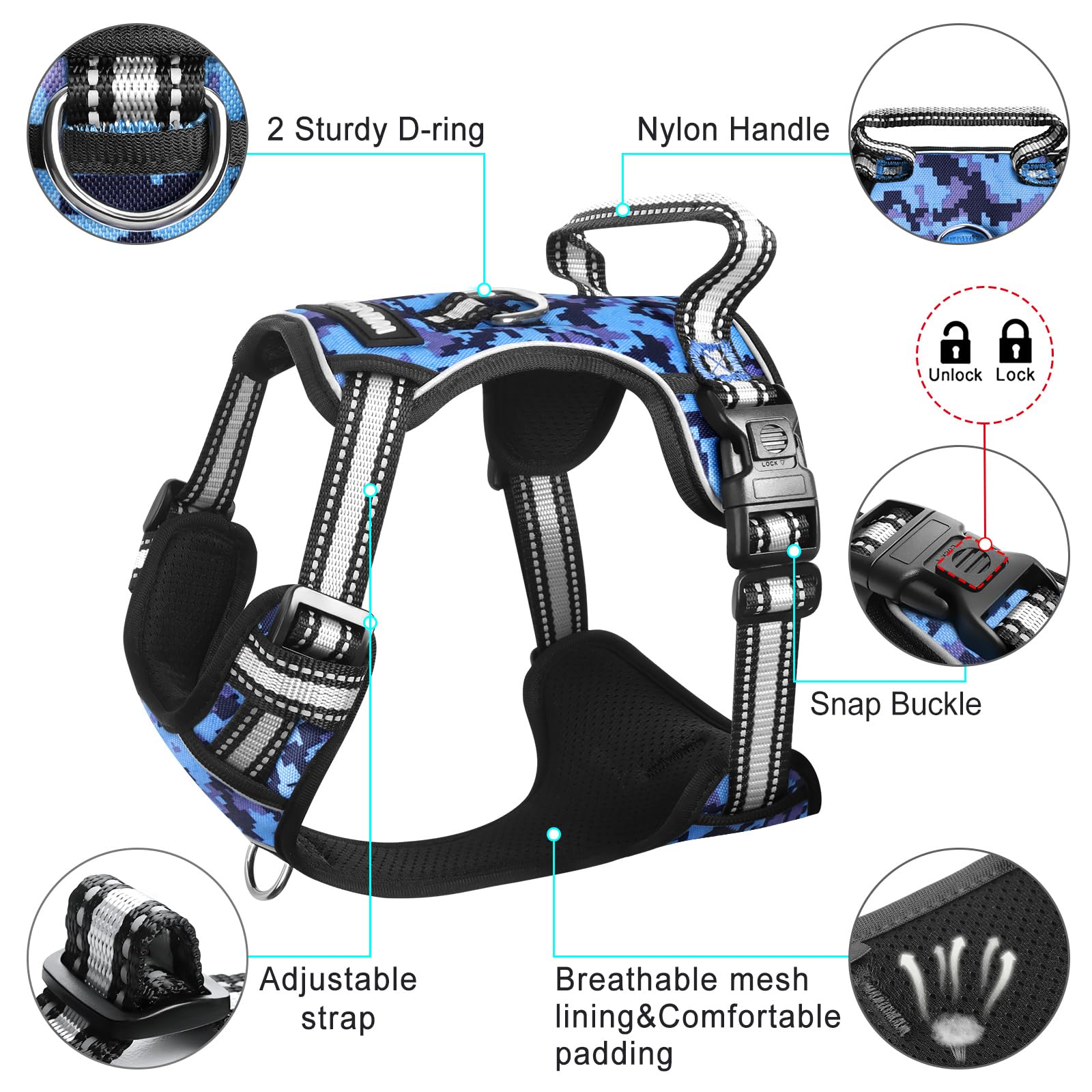 WINSEE No Pull Dog Harness - Adjustable Reflective Pet Vest with Front/Back Leash Clips & Control Handle for Small to XL Dogs | Oxford Outdoor Walking Harness for Training & Daily Walks