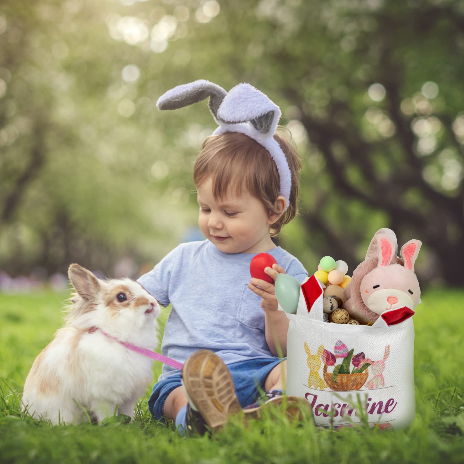 Personalized Easter Bunny Basket Bags with Custom Name - Cute Rabbit Print Candy Egg Buckets for Easter Gifts, Egg Hunts & Spring Decorations