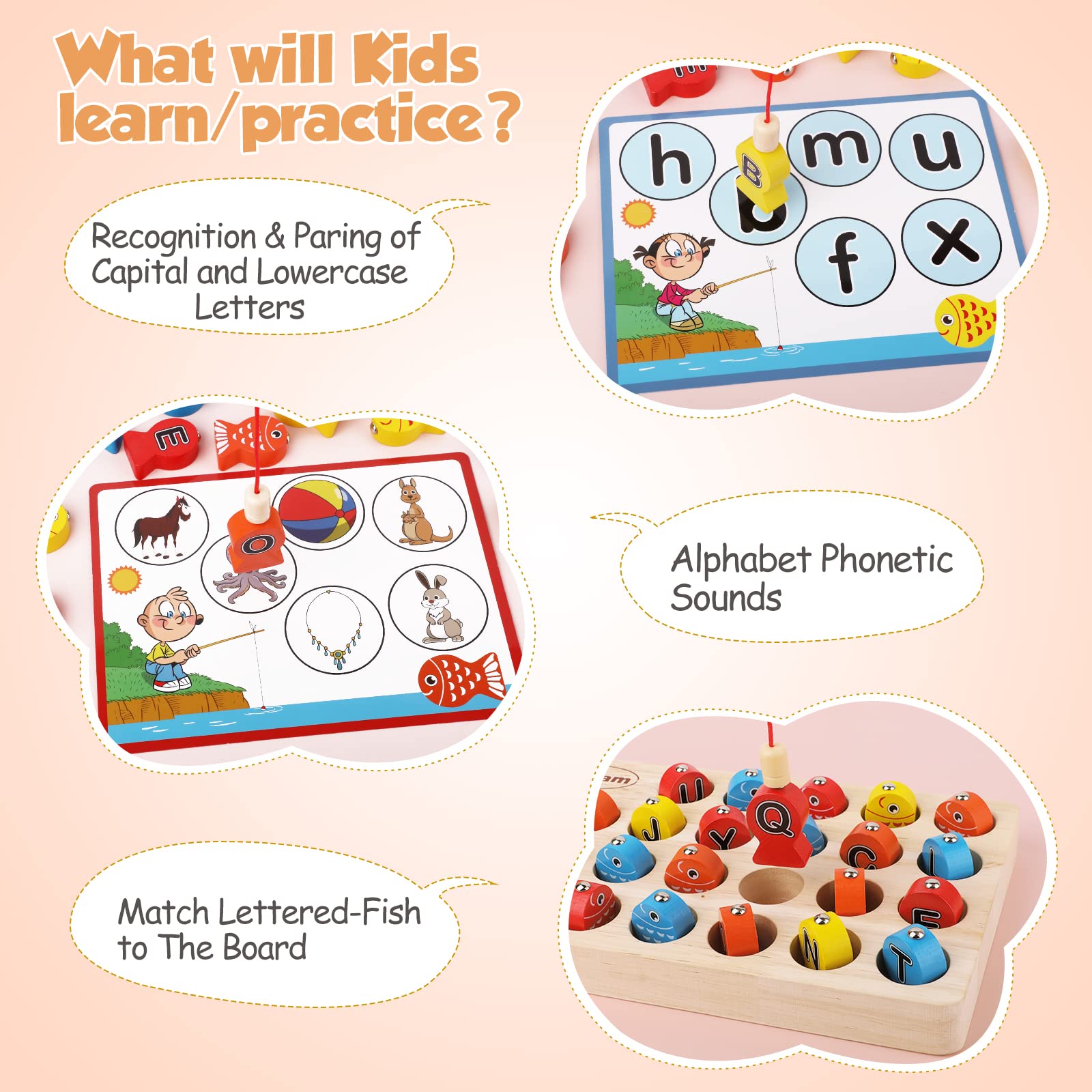Torlam Magnetic Wooden Fishing Game Toy for Toddlers - ABC Alphabet Learning, Fine Motor Skills Development, Montessori Letters Cognition with 2 Poles & 8 Activity Cards - Perfect for Preschool Learning & Family Game Night