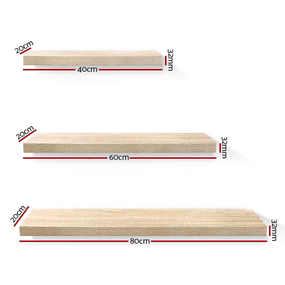 3-Piece Floating Wall Shelf Set - DIY Mounted Storage & Book Display Rack - Solid Oak Wood - Perfect for Living Room, Bedroom & Home Office Decor