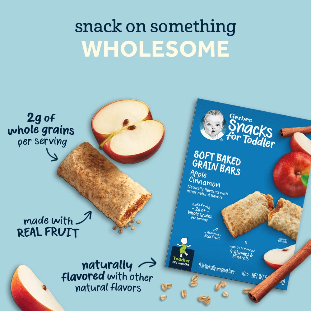 Gerber Toddler Snacks - Soft Baked Grain Bars, Apple Cinnamon Flavor, 5.5oz (8 Pack) | Healthy Baby Snacks for On-the-Go, Daycare & Travel