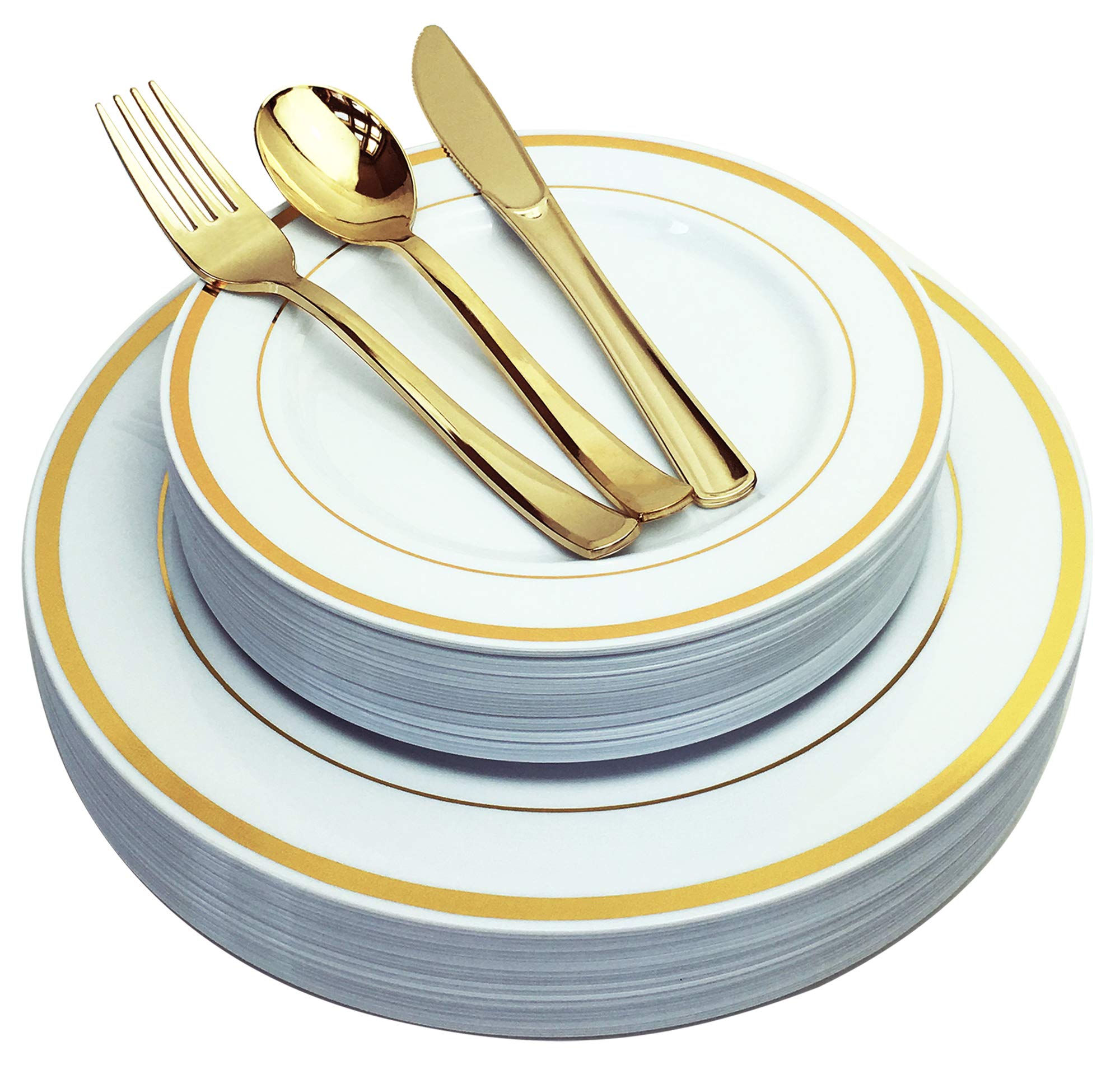 125-Piece Gold Plastic Plates & Cutlery Set - Reusable & Recyclable Dinnerware for Weddings, Parties & Events - 25 Gold Rim Plates, 25 Salad Plates & 75 Silverware Utensils - Perfect for Bridal Showers, Anniversaries & Outdoor Gatherings
