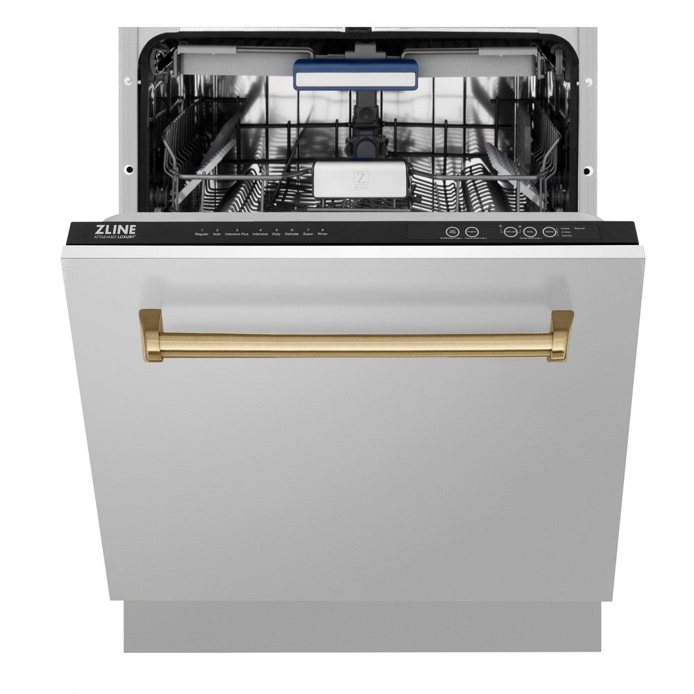 ZLINE Autograph Edition 24-inch 3rd Rack Top Control Tall Tub Dishwasher - Stainless Steel with Champagne Bronze Handle, 51dBa Ultra Quiet (DWVZ 304 24 CB) - Perfect for Modern Kitchens and Open-Concept Homes