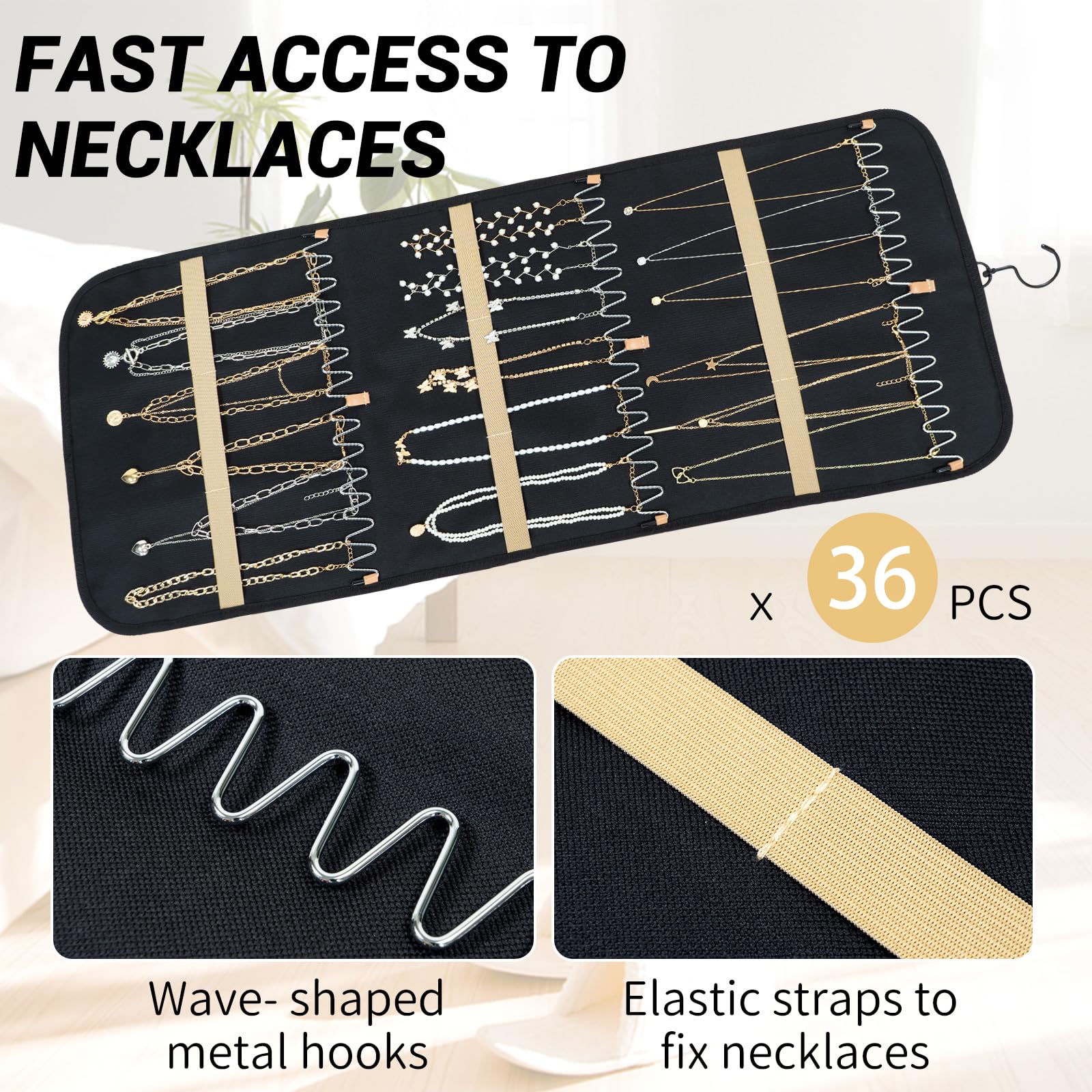 Hanging Jewelry Organizer for Closet - Necklace Earring Holder with Dustproof Cover & Rotating Metal Hook - Large Black Jewelry Storage Display Stand (1 Piece) - Perfect for Bedroom, Bathroom, and Travel Organization