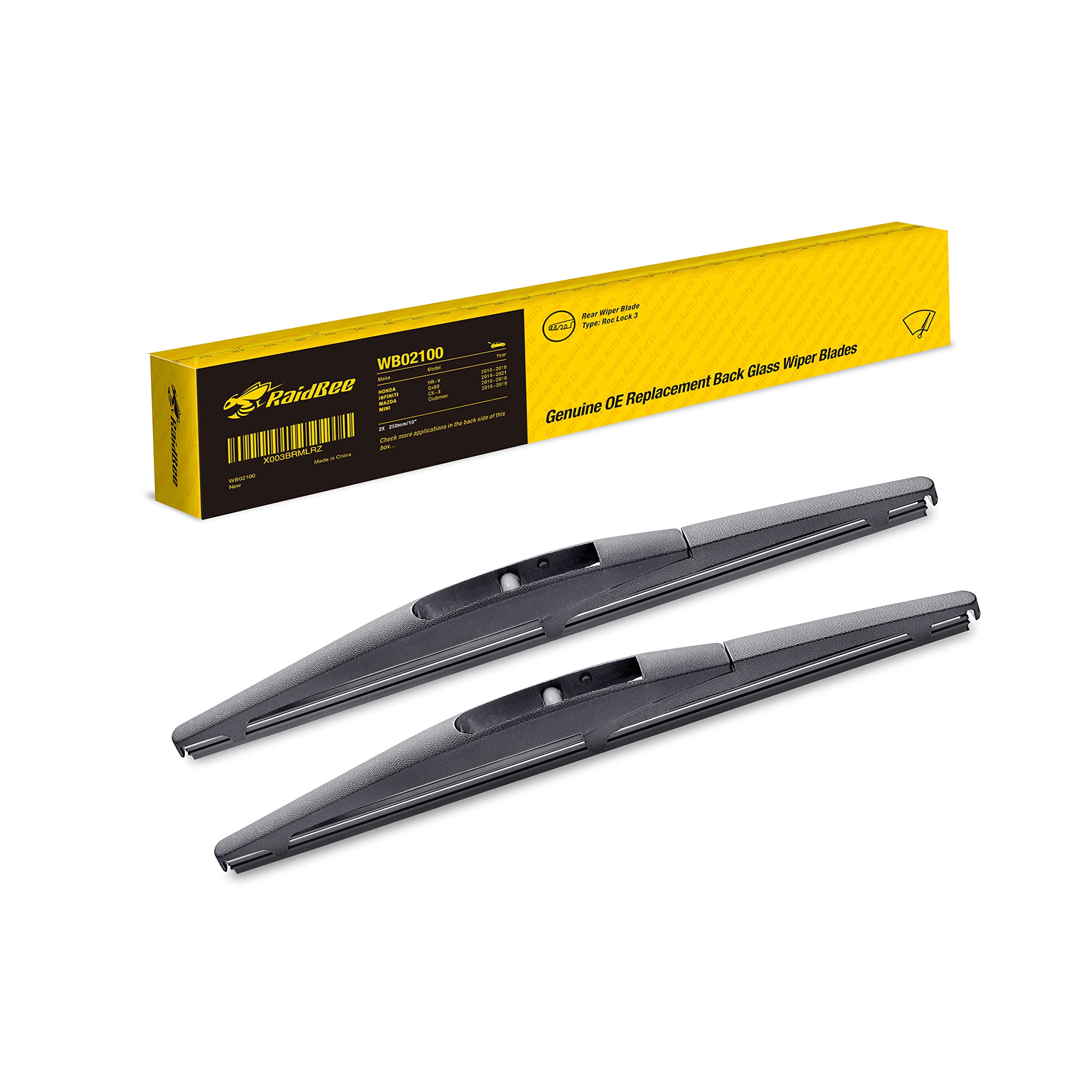 Raidbee 2-Pack 10 Inch Rear Wiper Blades - Compatible with Honda HRV 2016-2022 & Mitsubishi Outlander Sport 2011-2022 - Premium Replacement Back Windshield Wiper Blades (H250/10-B) for Clear Visibility in Rain and Snow